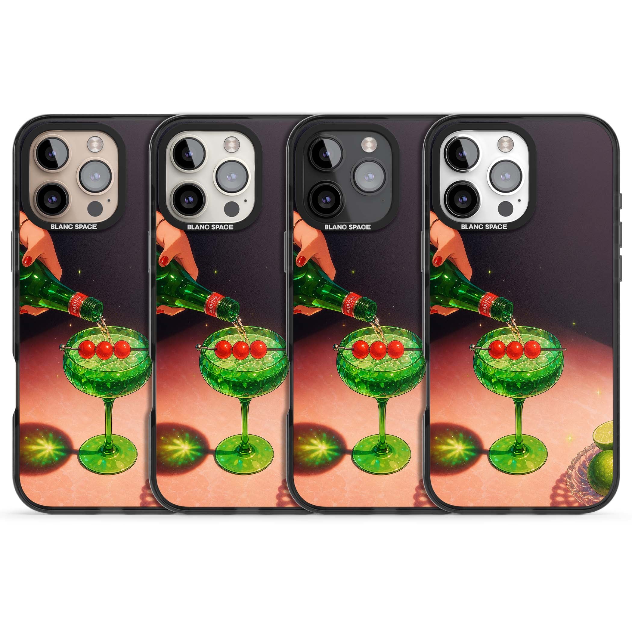 Absinthe Hour cocktail iPhone case featuring a green coupe glass, cherry garnish and vintage bottle pour illustration | Black Impact case for iPhone 16 Pro, iPhone 16 Pro Max