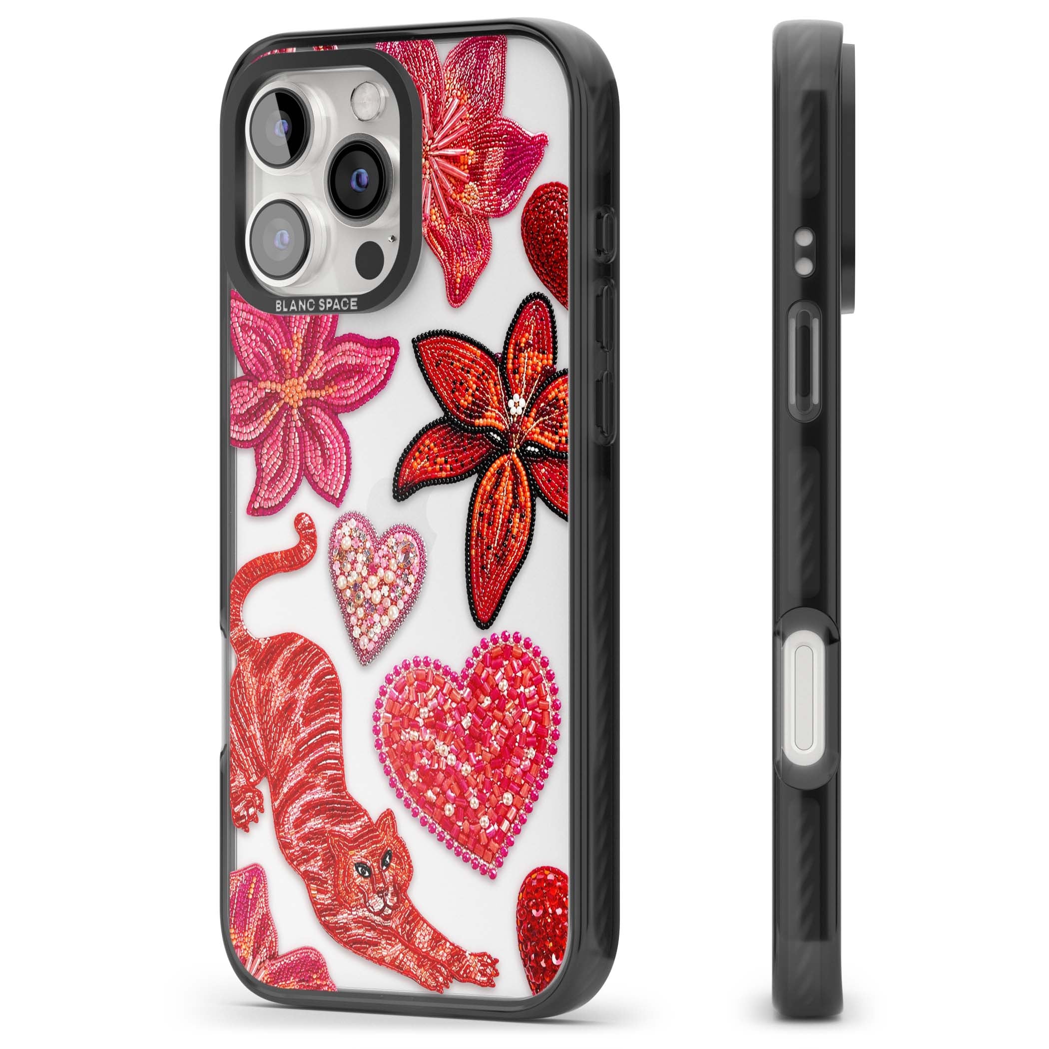 Beaded Boho floral iPhone case featuring beaded red lilies, a stitched tiger, and pearl-encrusted hearts on clear | Black Impact case for iPhone 16 Pro, iPhone 16 Pro Max