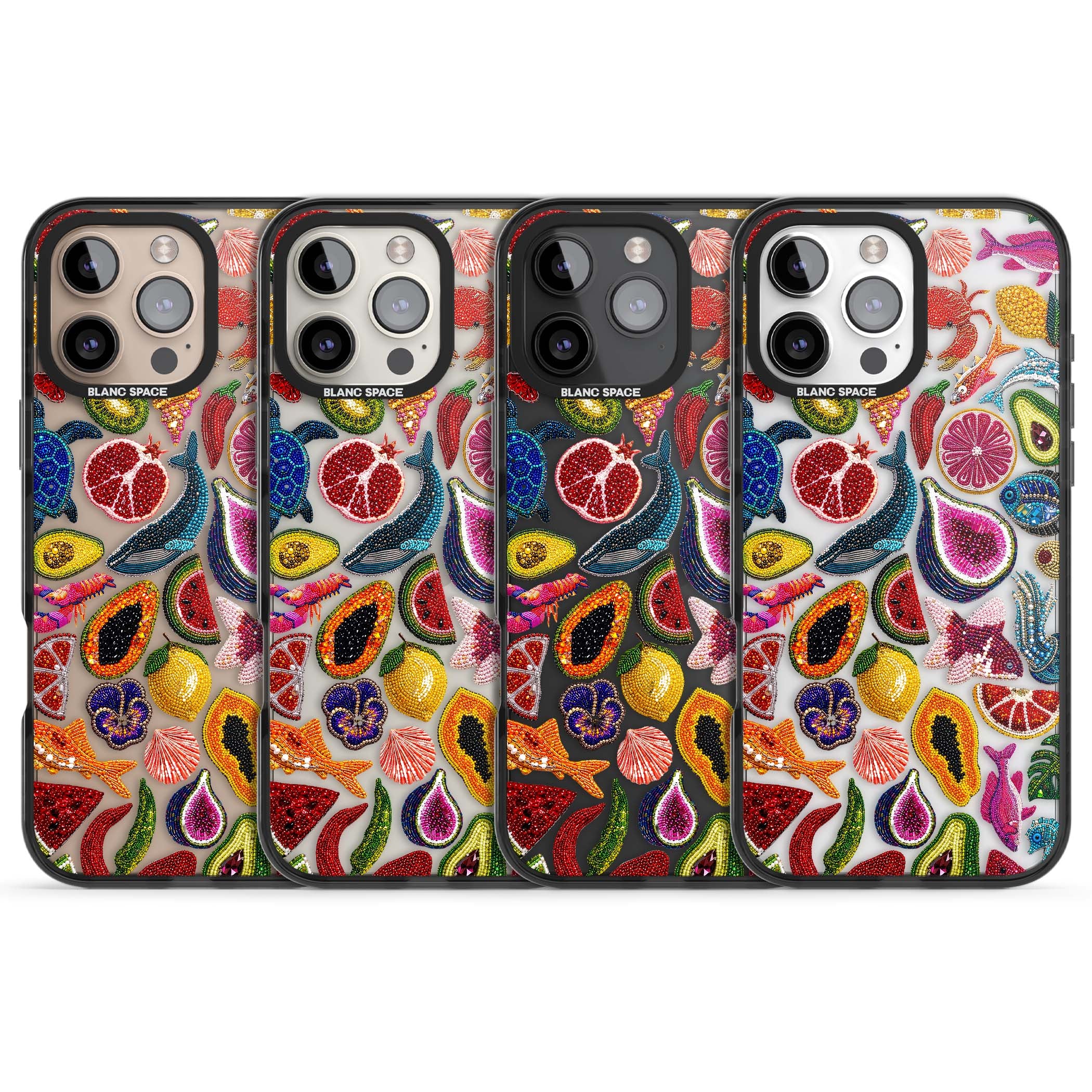Beaded Tropic tropical iPhone case featuring beaded fruit, fish, crabs and seashells in vibrant colour | Black Impact case for iPhone 16 Pro, iPhone 16 Pro Max