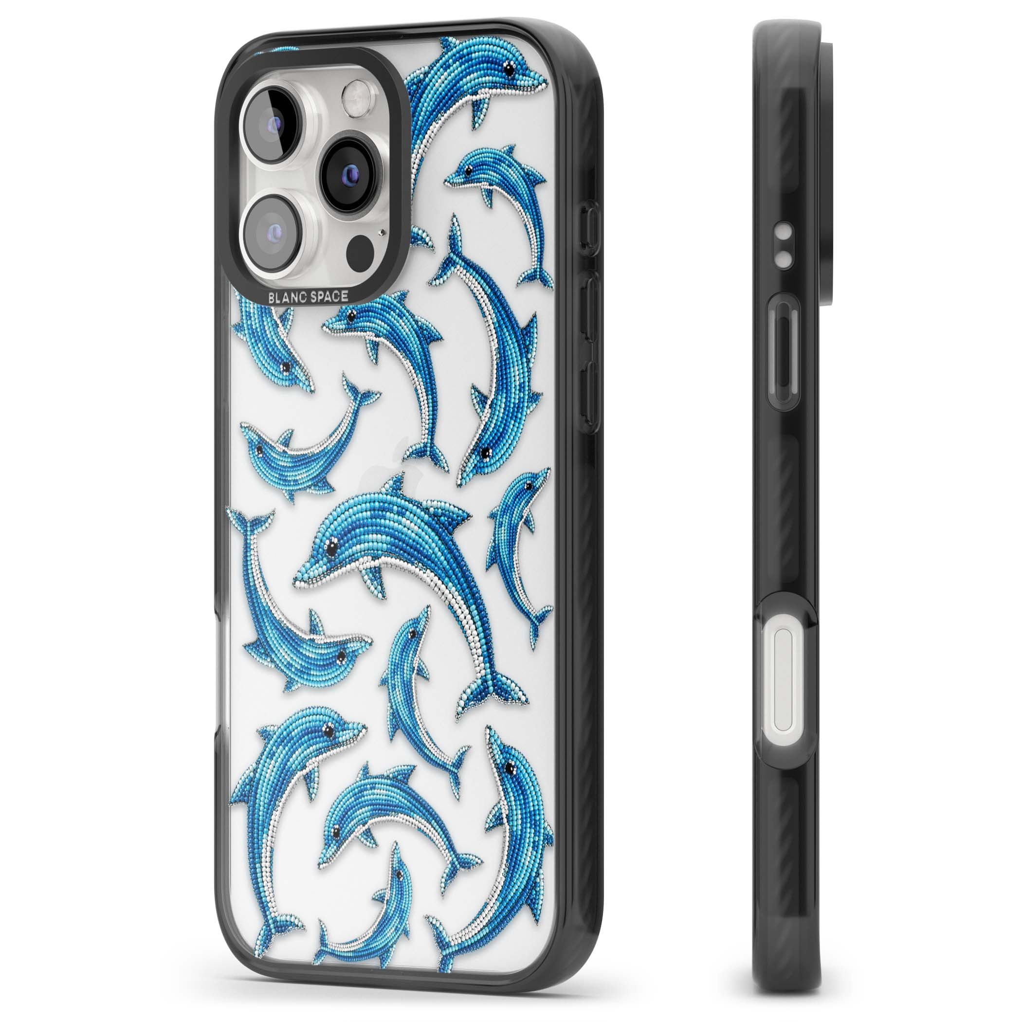 Beaded Dolphins coastal iPhone case featuring beaded dolphins in blue and white swimming across a clear background | Black Impact case for iPhone 16 Pro, iPhone 16 Pro Max