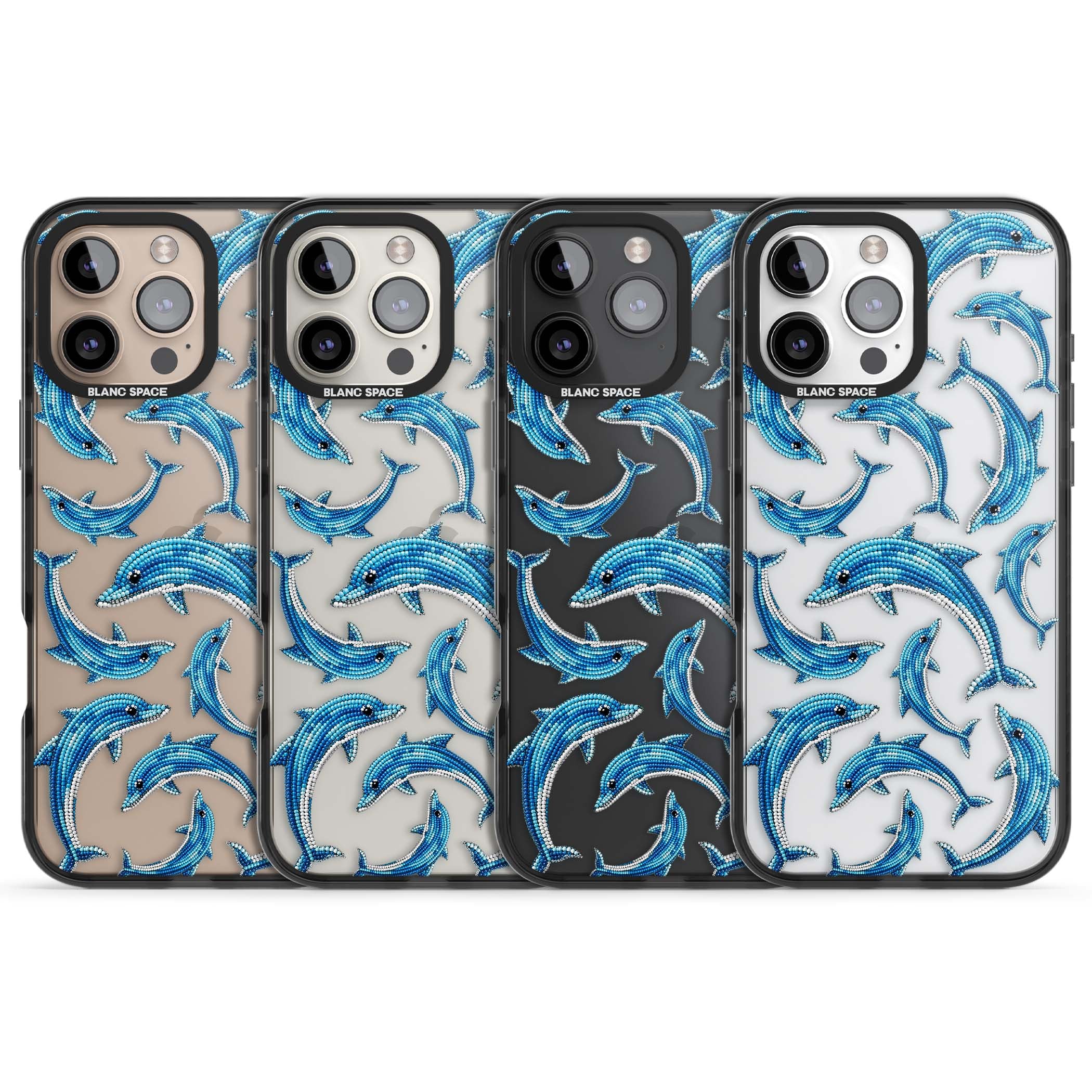 Beaded Dolphins coastal iPhone case featuring beaded dolphins in blue and white swimming across a clear background | Black Impact case for iPhone 16 Pro, iPhone 16 Pro Max