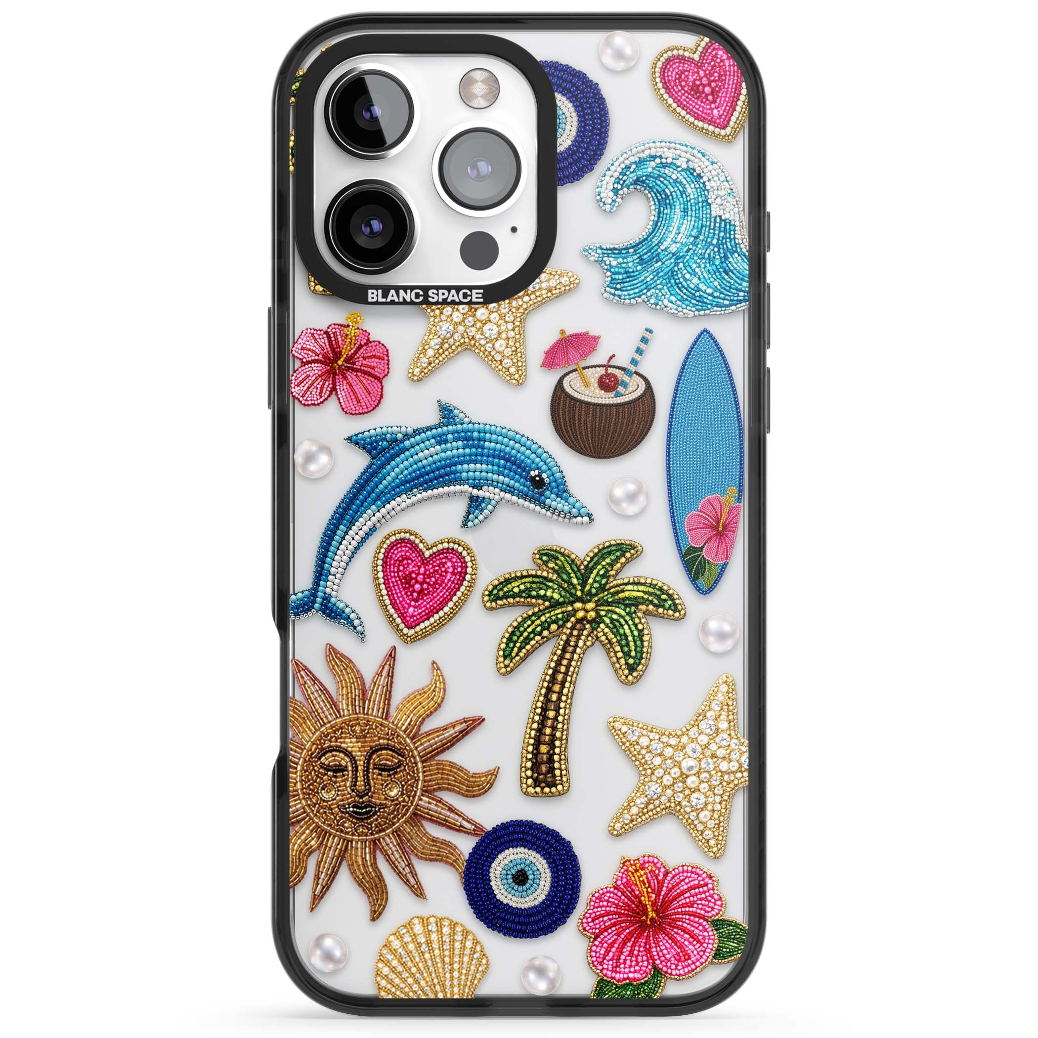Beaded Beach coastal summer iPhone case featuring embroidered evil eye, hibiscus flowers, dolphin and palm tree patches | Black Impact case for iPhone 16 Pro, iPhone 16 Pro Max