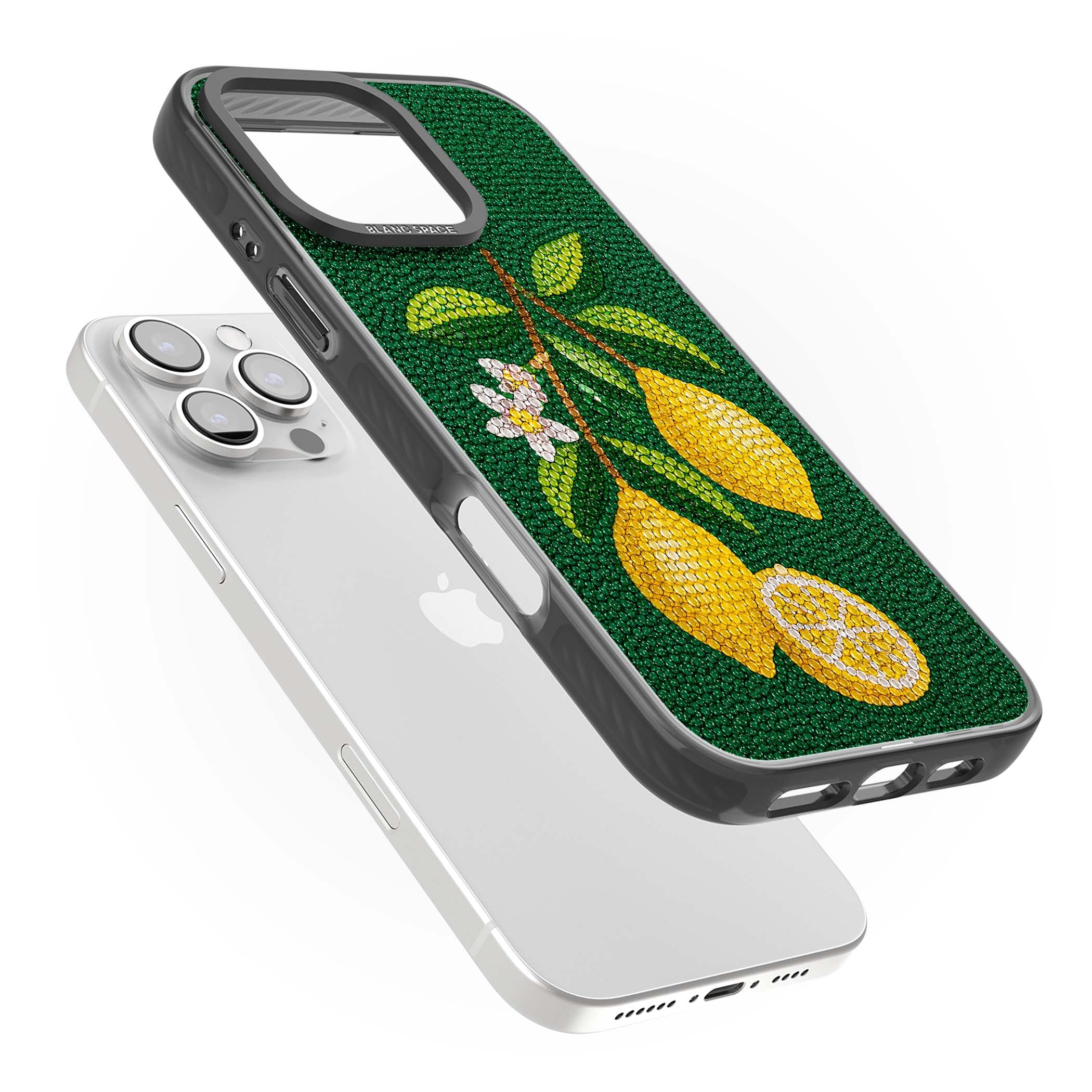 Beaded Lemons coastal iPhone case featuring crystal-beaded lemons, citrus blossom and green leaves on emerald ground | Black Impact case for iPhone 16 Pro, iPhone 16 Pro Max