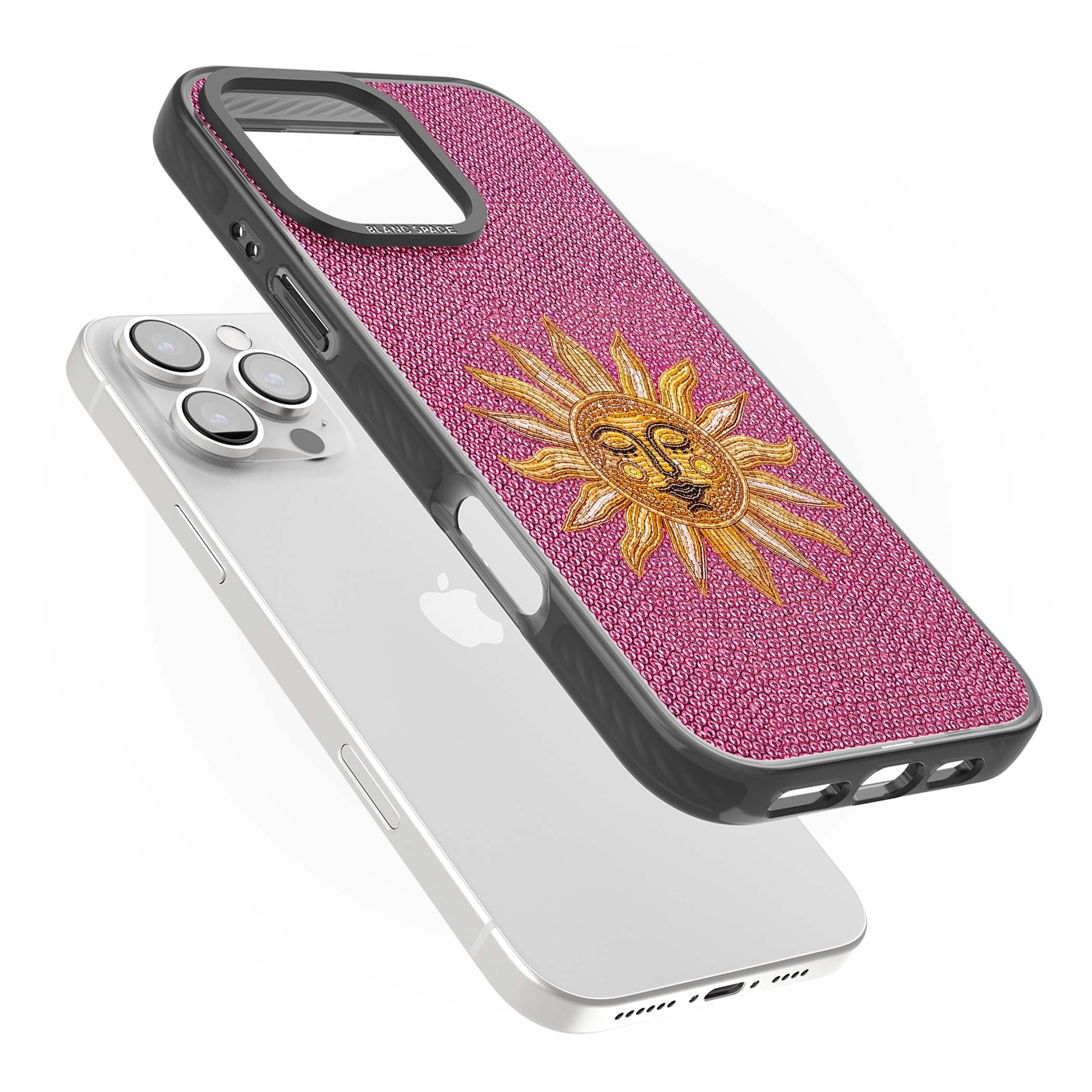Beaded Sun celestial iPhone case featuring a golden beaded sun face with radiant rays on hot pink beaded background | Black Impact case for iPhone 16 Pro, iPhone 16 Pro Max