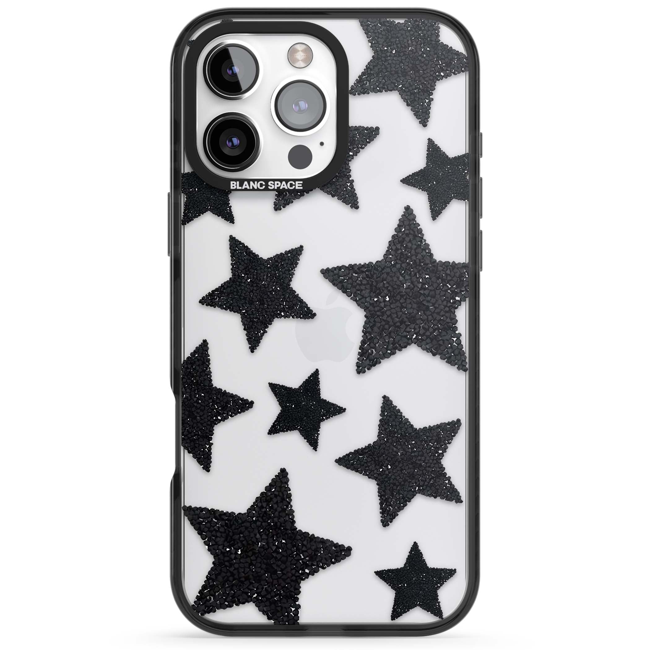 Beaded Black Stars celestial iPhone case featuring black glitter beaded stars scattered on a clear background | Black Impact case for iPhone 16 Pro, iPhone 16 Pro Max