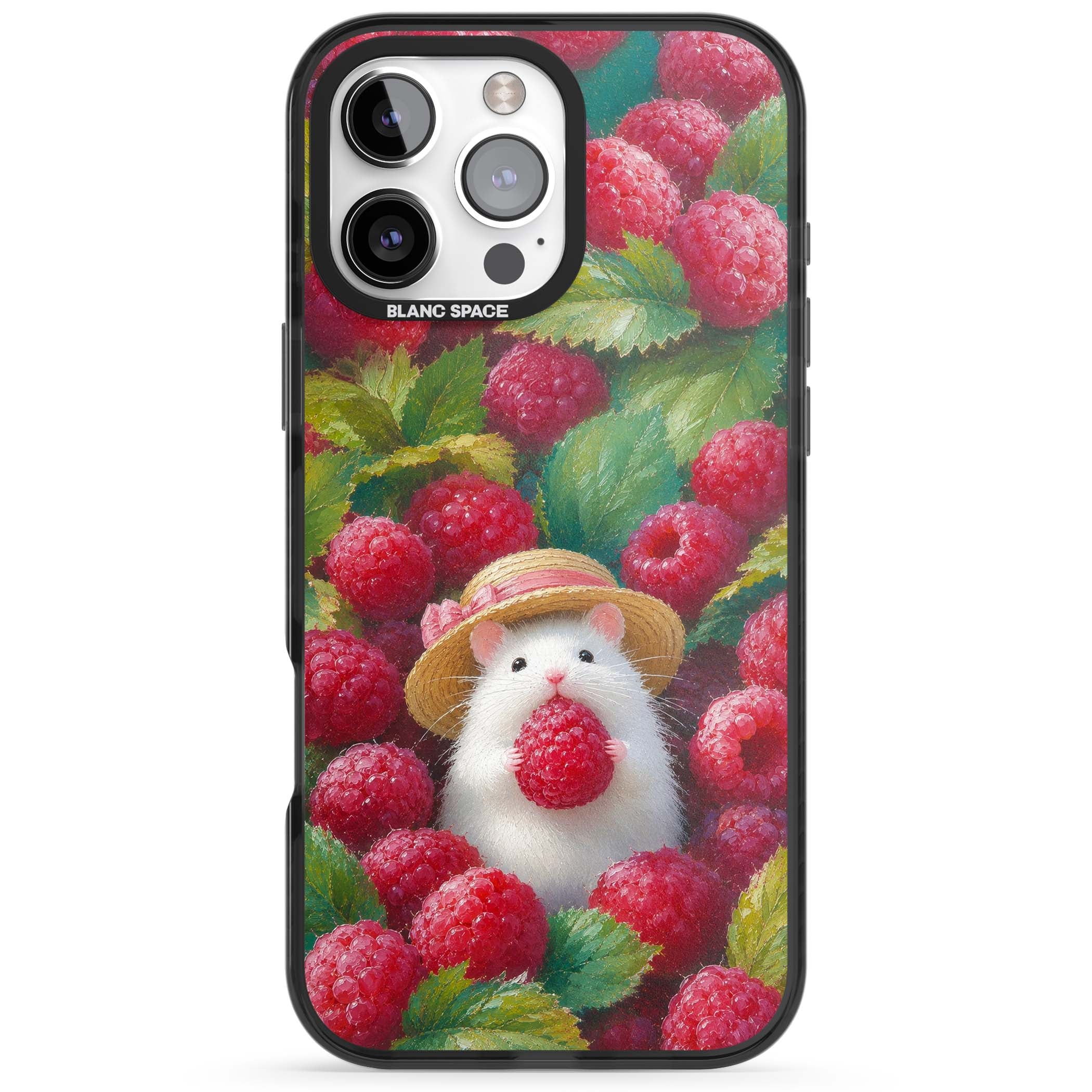 Berry Forager cottagecore iPhone case featuring a white hamster in a straw hat holding a raspberry surrounded by ripe ber | Black Impact case for iPhone 16 Pro, iPhone 16 Pro Max