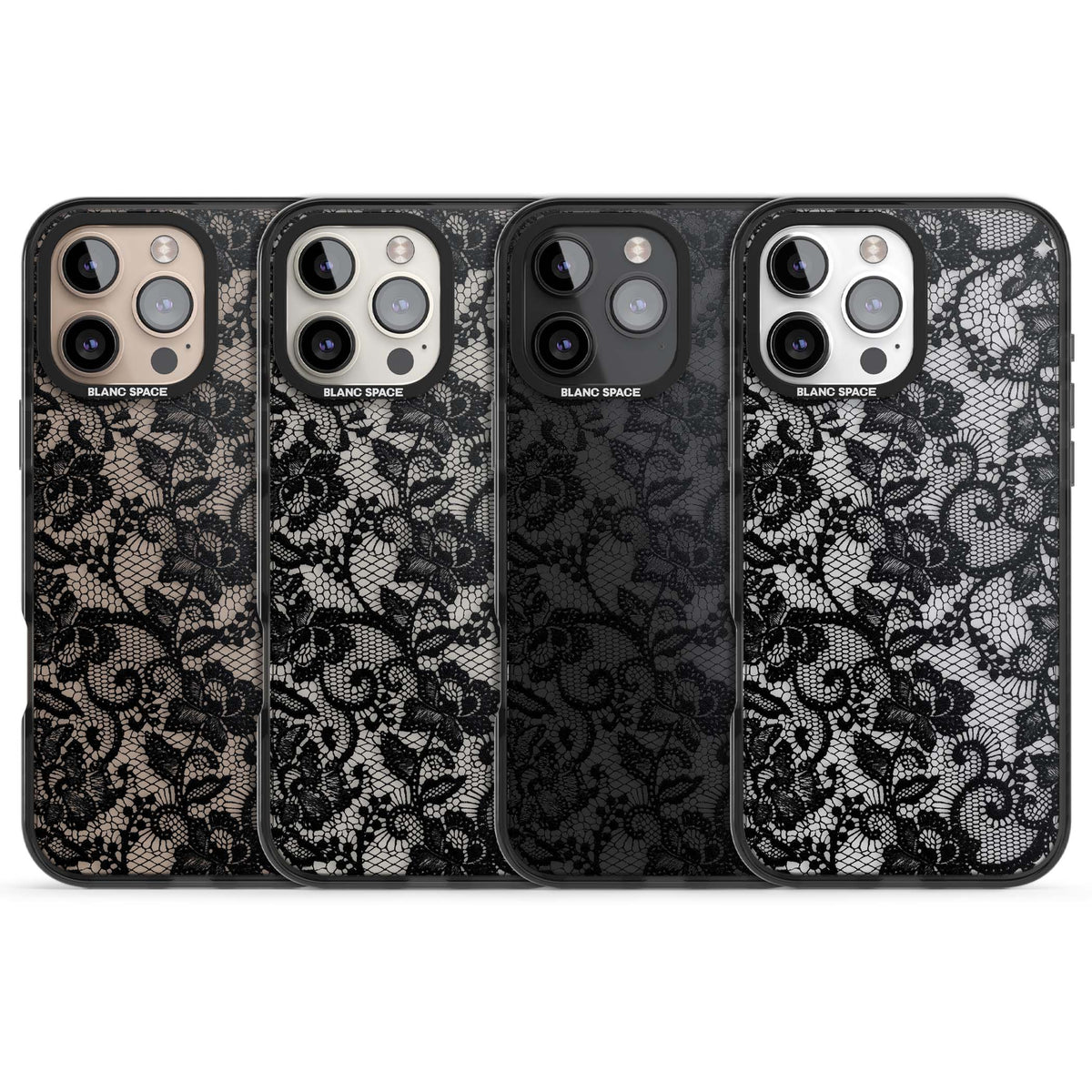 Black Lace gothic iPhone case featuring intricate black floral lace pattern with vintage whimsigoth detail | Black Impact case for iPhone 16 Pro, iPhone 16 Pro Max