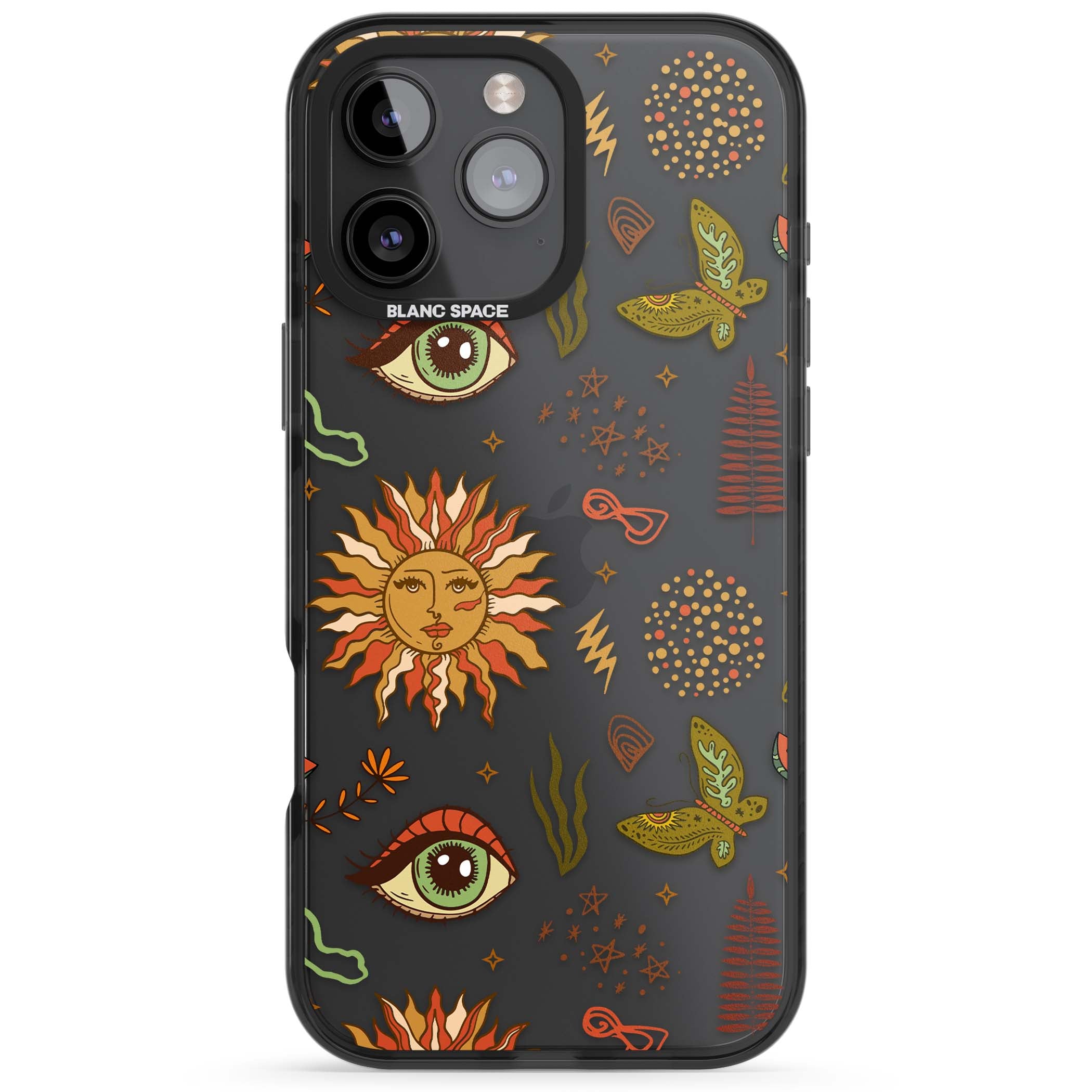 Elevate Your Phone'S Style With This Boho Celestial Sun & Eye Phone Case, Featuring A Mystical Blend Of Suns, All-Seeing Eyes, Butterflies, Stars, And