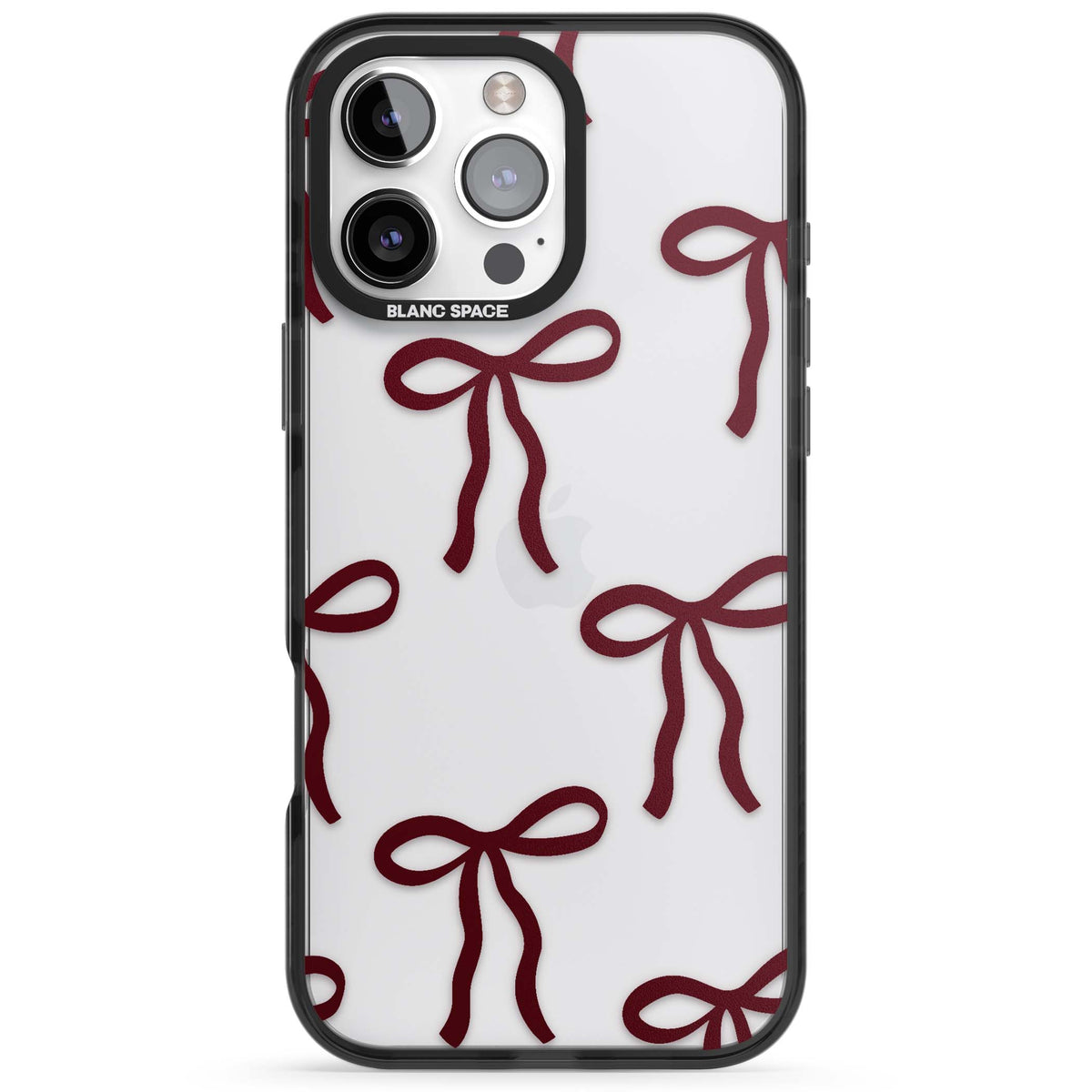 Burgundy Bows coquette iPhone case featuring hand-drawn burgundy red bows on a clear background | Black Impact case for iPhone 16 Pro, iPhone 16 Pro Max