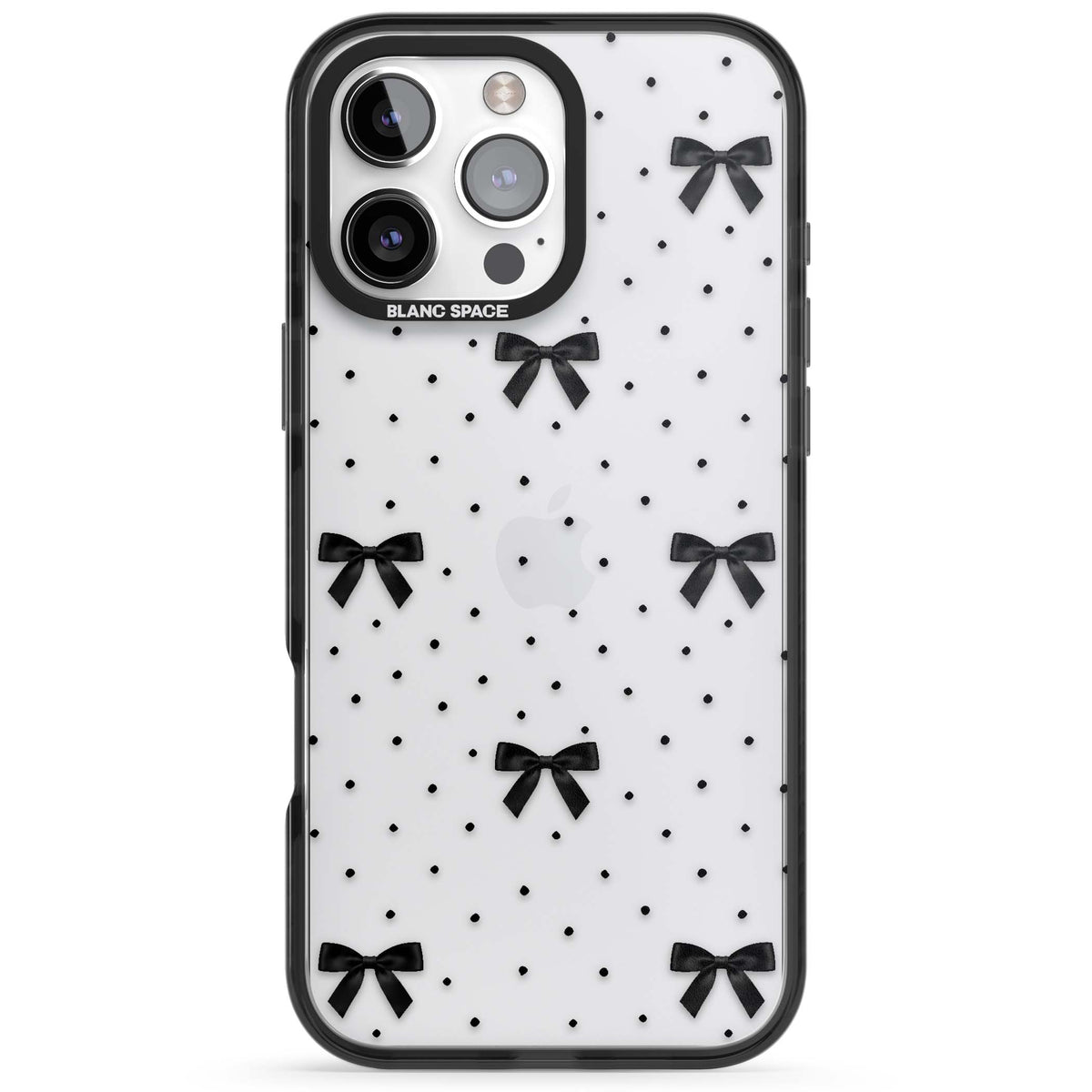 Black Polka Bows coquette iPhone case featuring scattered black satin bows and tiny polka dots on a clear base | Black Impact case for iPhone 16 Pro, iPhone 16 Pro Max
