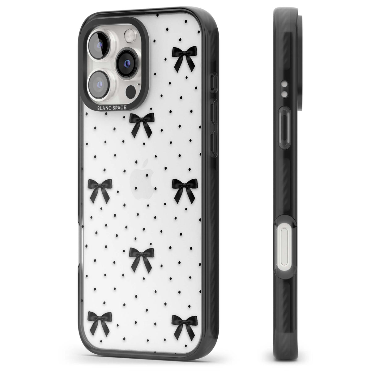 Black Polka Bows coquette iPhone case featuring scattered black satin bows and tiny polka dots on a clear base | Black Impact case for iPhone 16 Pro, iPhone 16 Pro Max