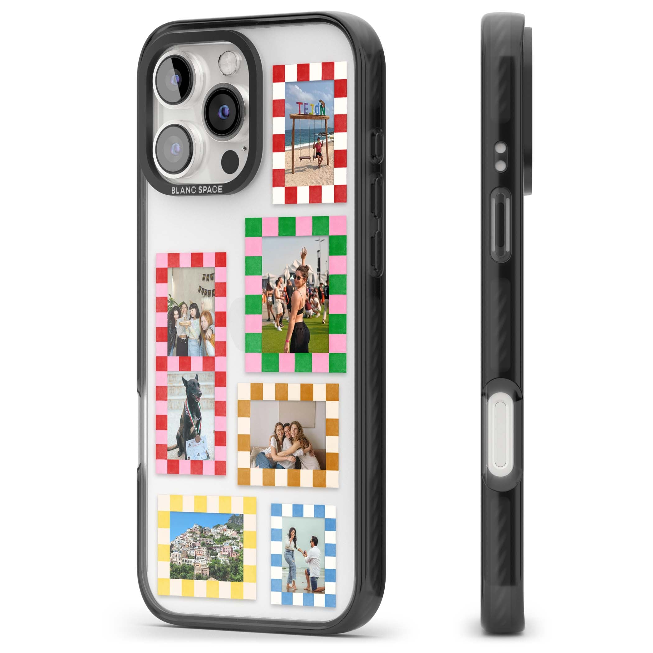 Italian Check Frames custom photo collage iPhone case featuring six checkered photo frames in red, green, pink and | Black Impact case for iPhone 16 Pro, iPhone 16 Pro Max