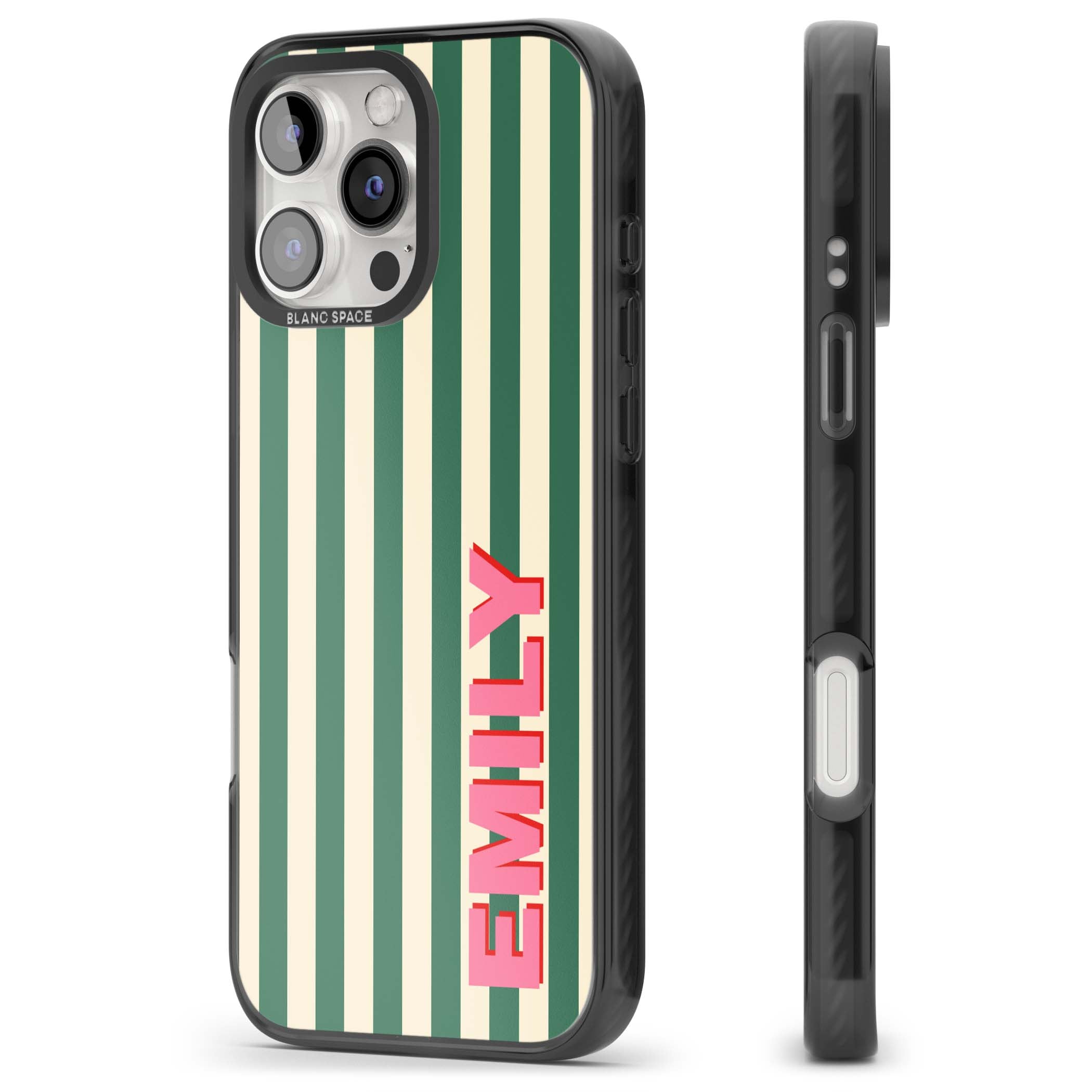 Wimbledon Stripe preppy iPhone case featuring green and cream vertical stripes with a personalised pink name | Black Impact case for iPhone 16 Pro, iPhone 16 Pro Max