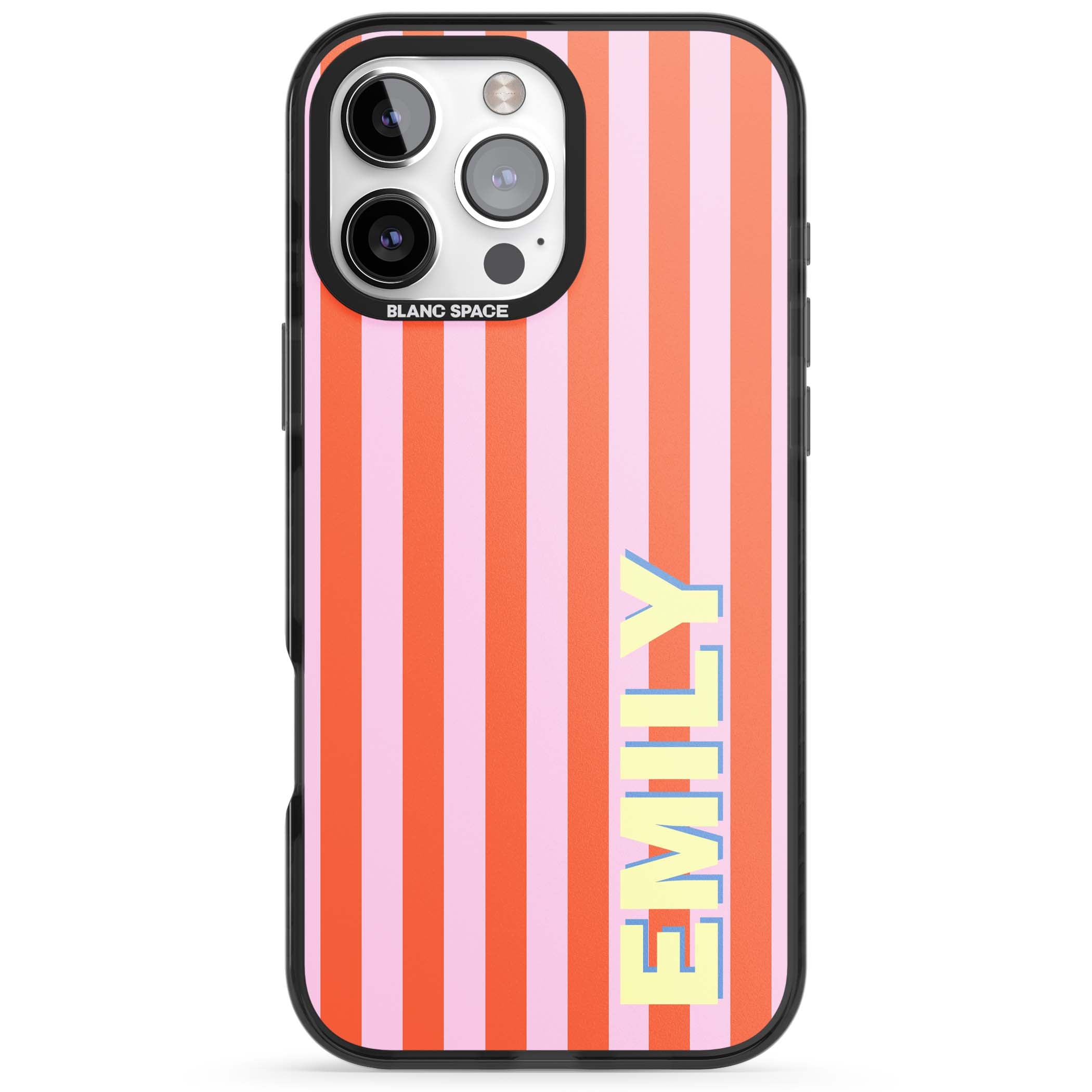 Havana Stripe personalised iPhone case featuring pink and orange vertical stripes with a custom yellow name | Black Impact case for iPhone 16 Pro, iPhone 16 Pro Max