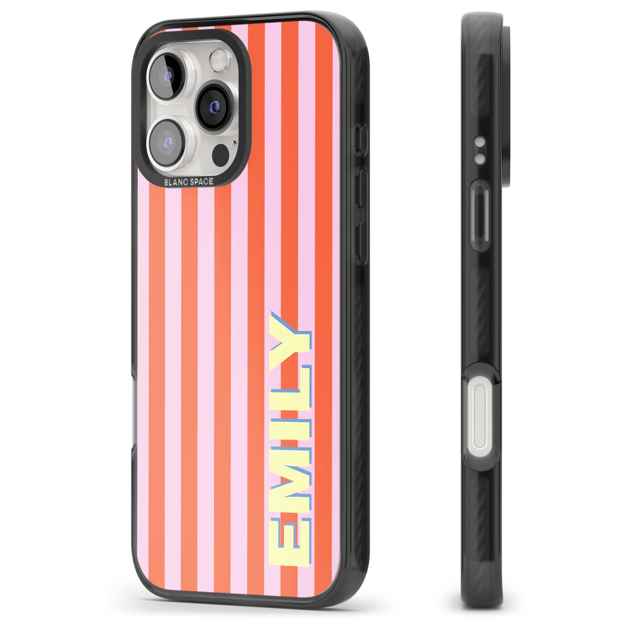 Havana Stripe personalised iPhone case featuring pink and orange vertical stripes with a custom yellow name | Black Impact case for iPhone 16 Pro, iPhone 16 Pro Max