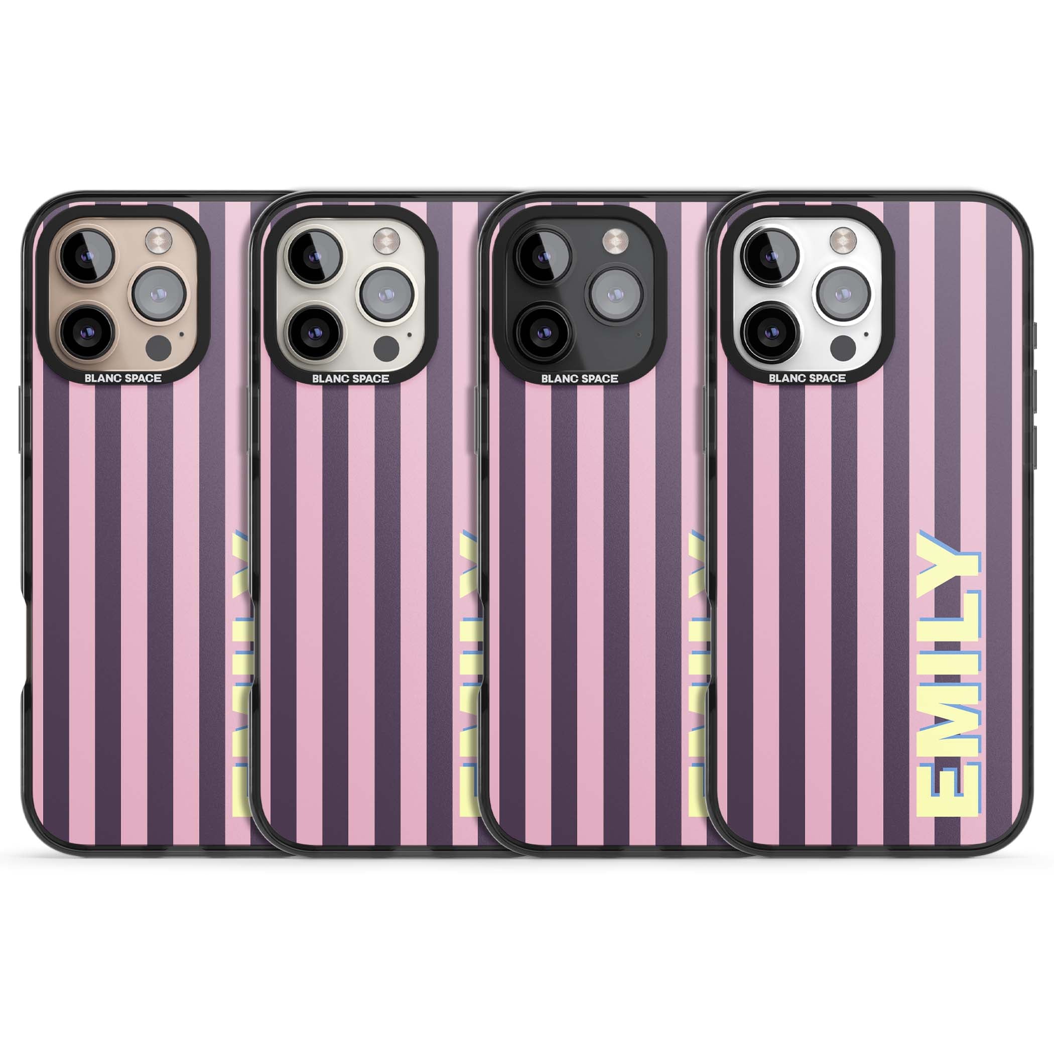 Tyre Stripe personalised stripe iPhone case with plum and pink vertical stripes and custom yellow name | Black Impact case for iPhone 16 Pro, iPhone 16 Pro Max
