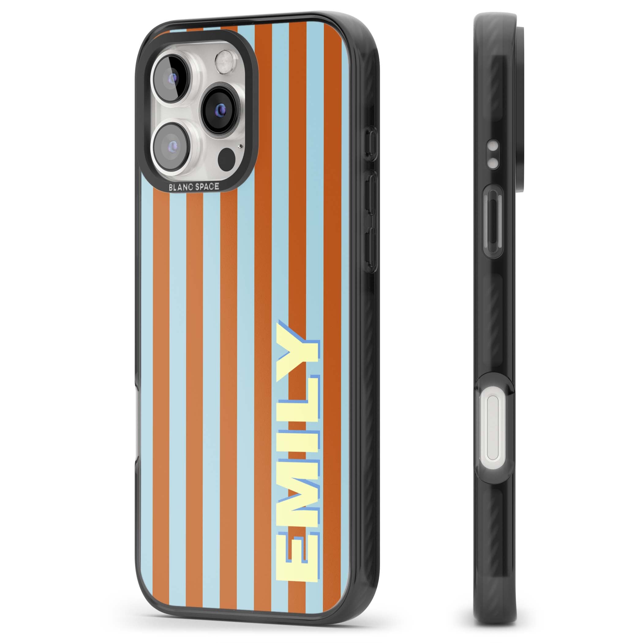 Cappadocia Stripe personalised coastal iPhone case featuring blue and orange vertical stripes with custom cream name | Black Impact case for iPhone 16 Pro, iPhone 16 Pro Max