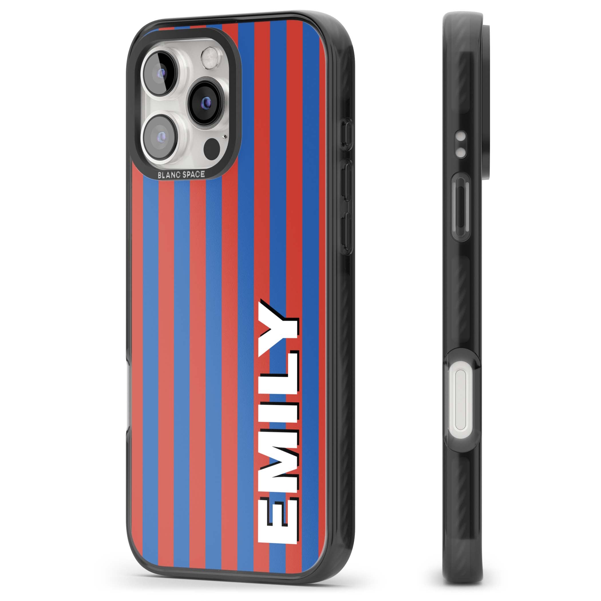 Cuban Stripe personalised iPhone case featuring red and blue vertical stripes with custom name in bold white letters | Black Impact case for iPhone 16 Pro, iPhone 16 Pro Max