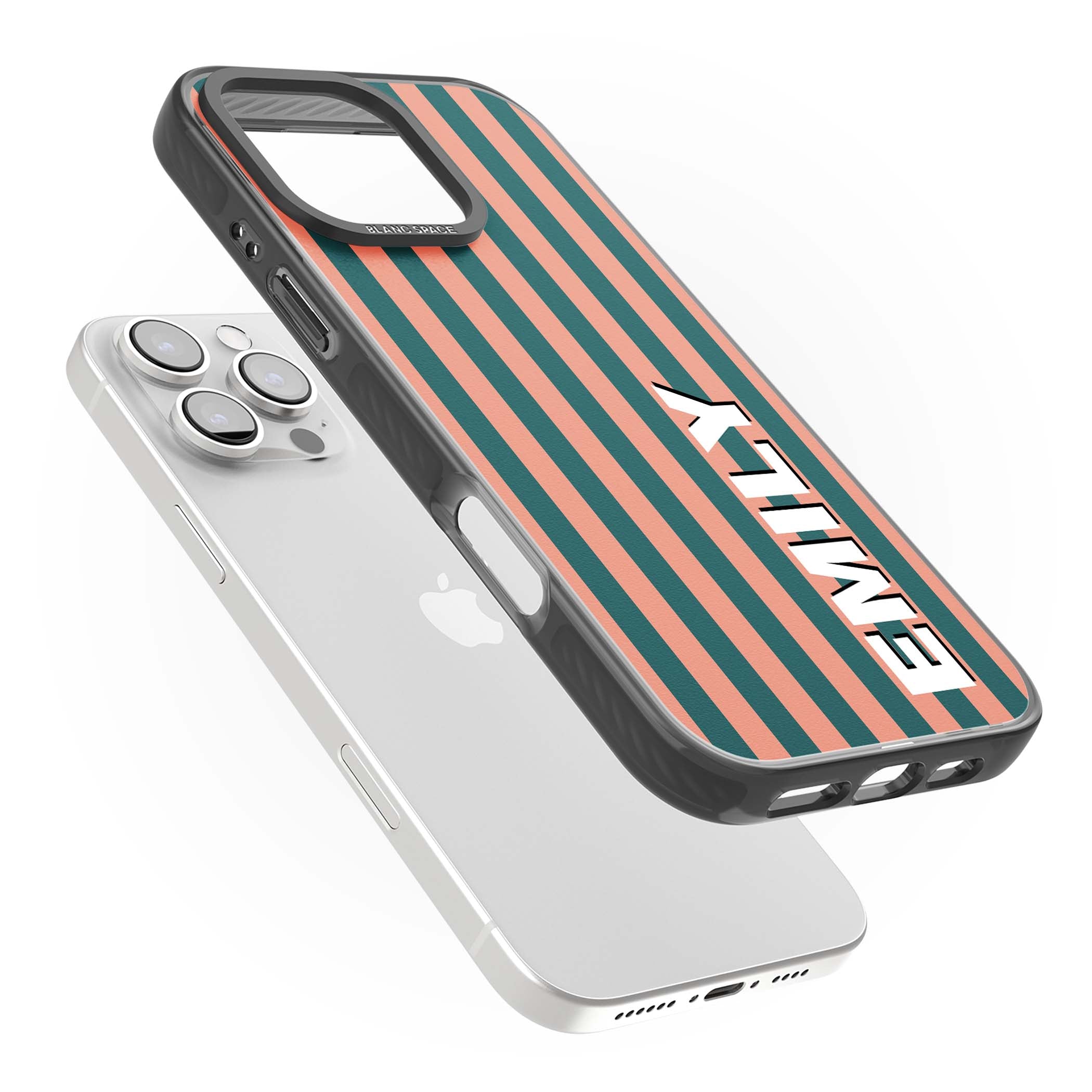 Tuscan Stripe personalised iPhone case featuring coral and green vertical stripes with bold custom name | Black Impact case for iPhone 16 Pro, iPhone 16 Pro Max