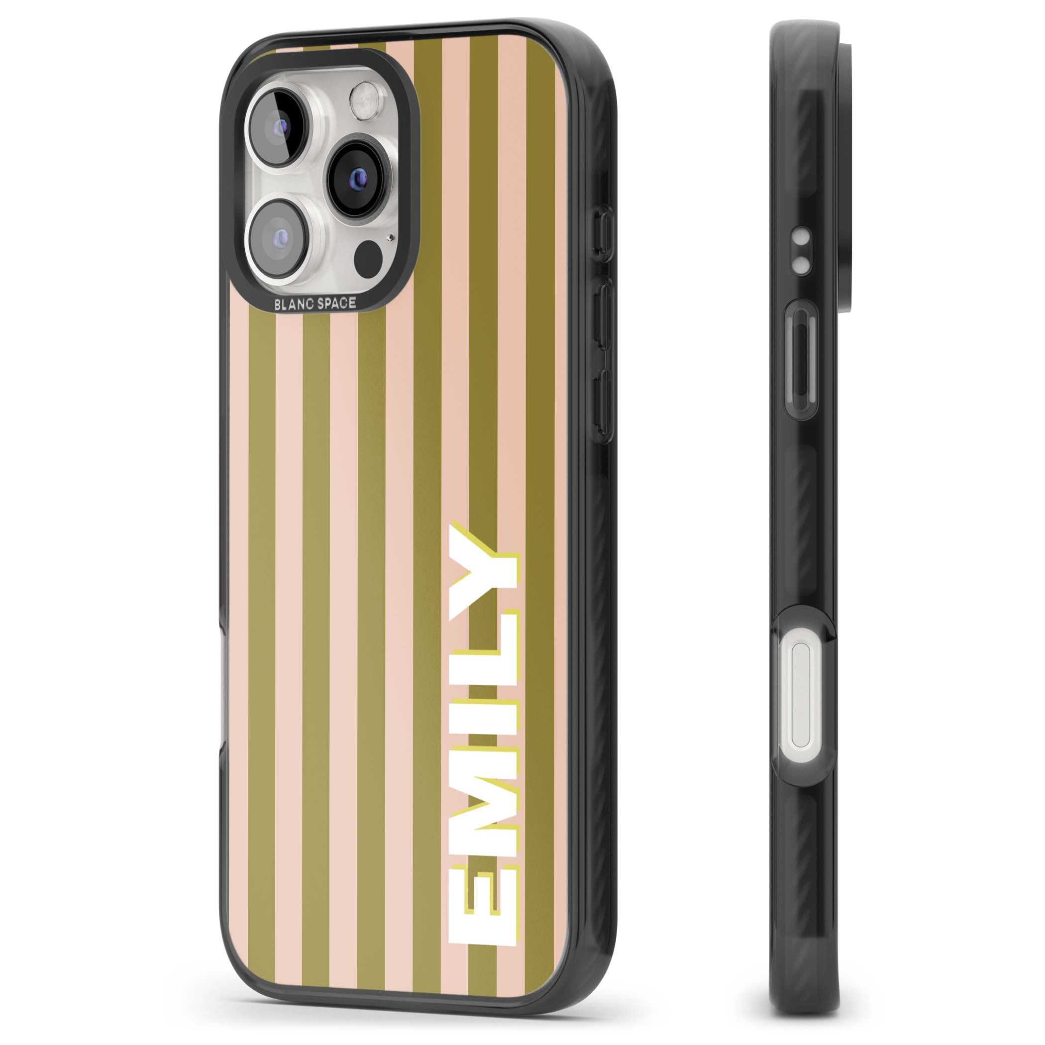 Indian Stripe personalised iPhone case featuring olive green and blush pink vertical stripes with custom name in whit | Black Impact case for iPhone 16 Pro, iPhone 16 Pro Max