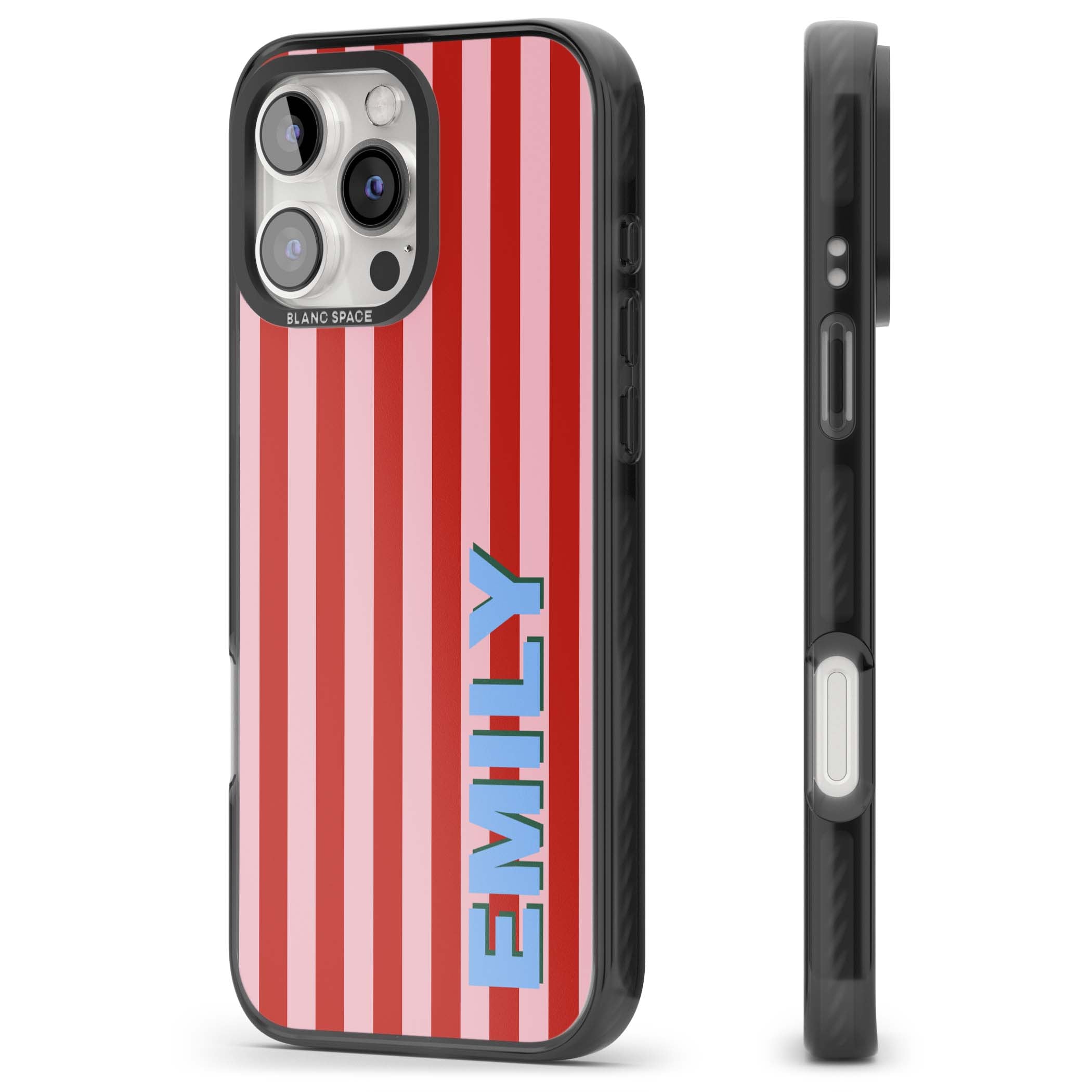 Market Stripe personalised iPhone case with red and pink vertical stripes and custom blue name | Black Impact case for iPhone 16 Pro, iPhone 16 Pro Max