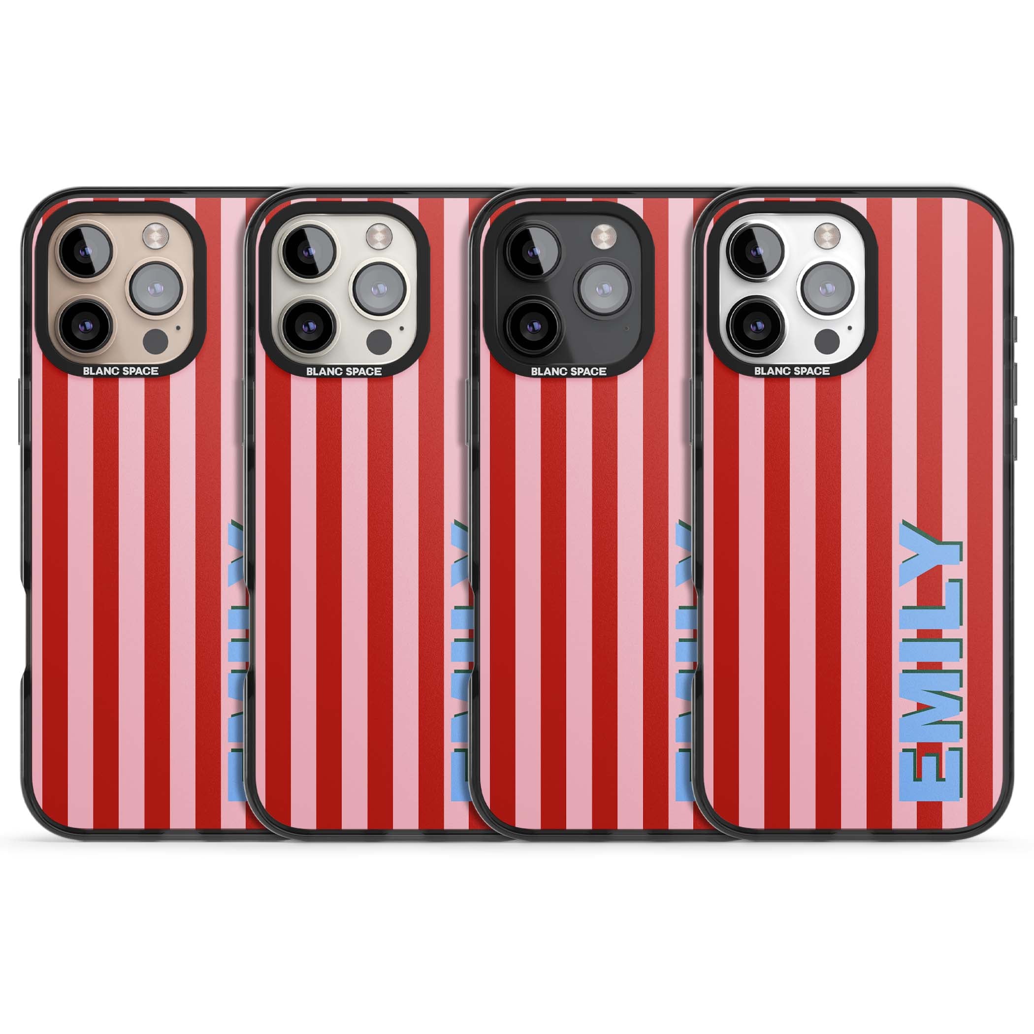Market Stripe personalised iPhone case with red and pink vertical stripes and custom blue name | Black Impact case for iPhone 16 Pro, iPhone 16 Pro Max