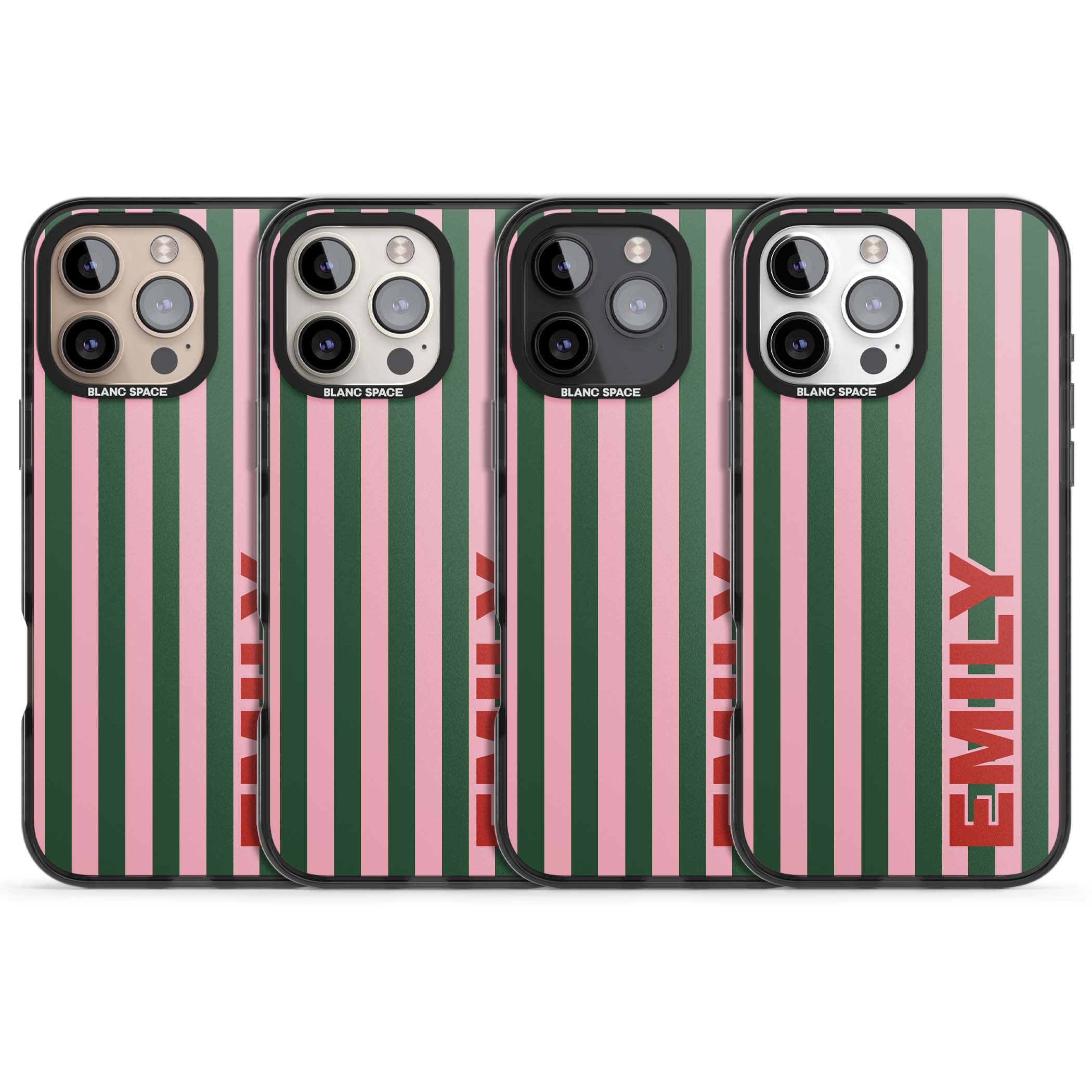 Italian Stripe preppy iPhone case featuring pink and green vertical stripes with personalised red name | Black Impact case for iPhone 16 Pro, iPhone 16 Pro Max
