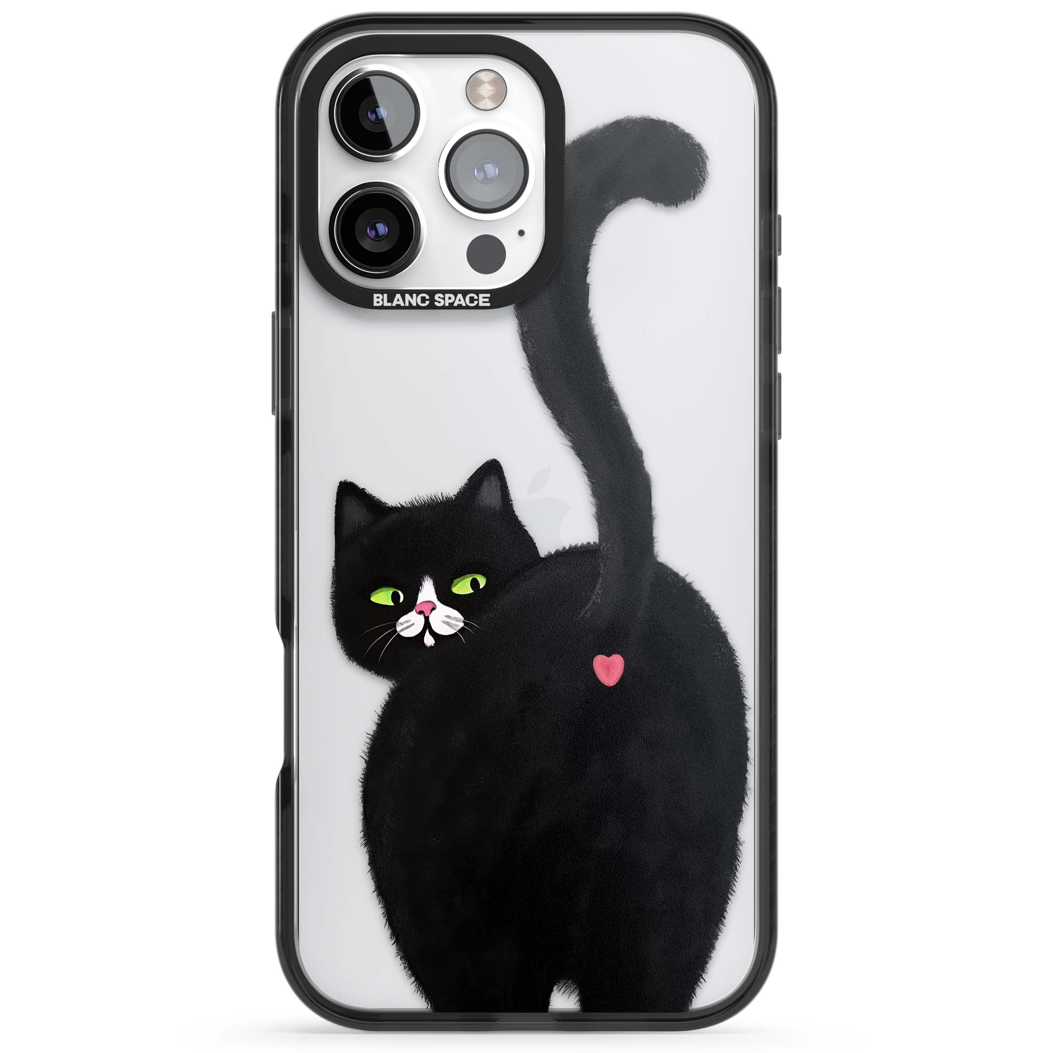 The Cat's Kiss cute cat iPhone case featuring a hand-painted tuxedo kitty with green eyes and a pink heart on a clear | Black Impact case for iPhone 16 Pro, iPhone 16 Pro Max