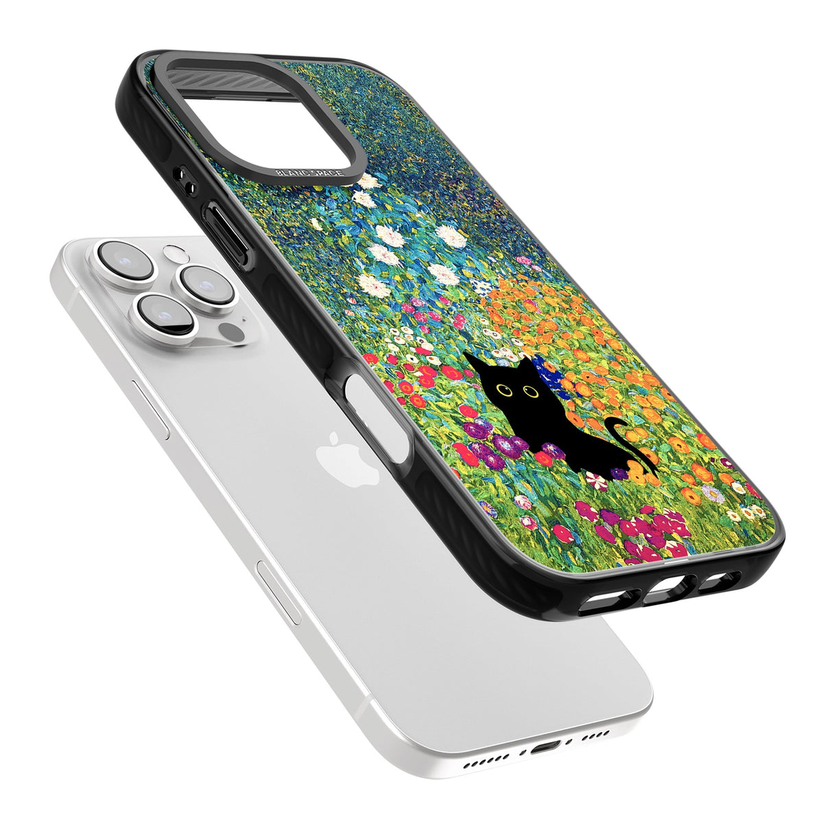 Cat in Klimt's Garden iPhone 16 Pro / iPhone 16 Pro Max Impact Black Phone Case angled