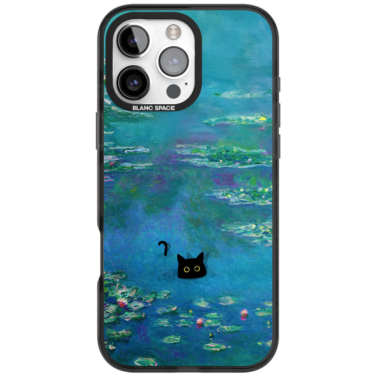 Cat in Monet's Water Lillies iPhone 16 Pro Max Impact Black Phone Case front