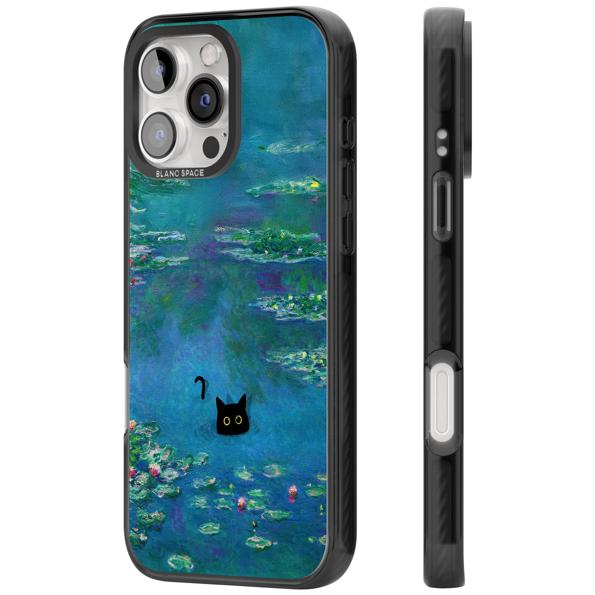 Cat in Monet's Water Lillies iPhone 16 Pro / iPhone 16 Pro Max Impact Black Phone Case side