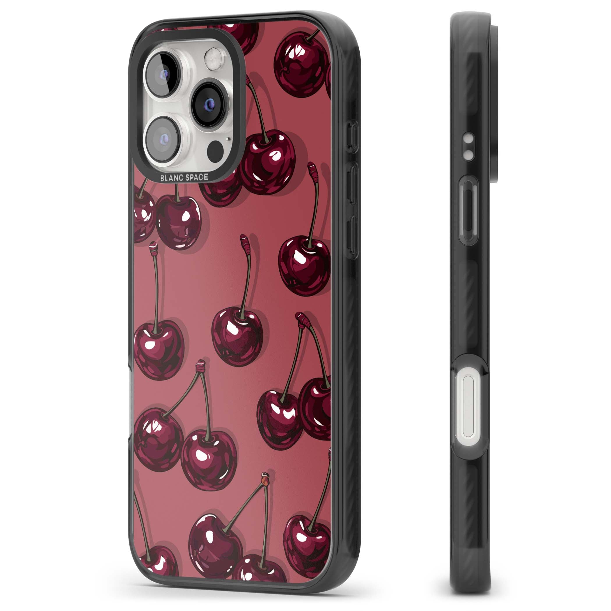 Cherry Rebel coquette iPhone case featuring glossy burgundy cherries on a dusty rose background | Black Impact case for iPhone 16 Pro, iPhone 16 Pro Max