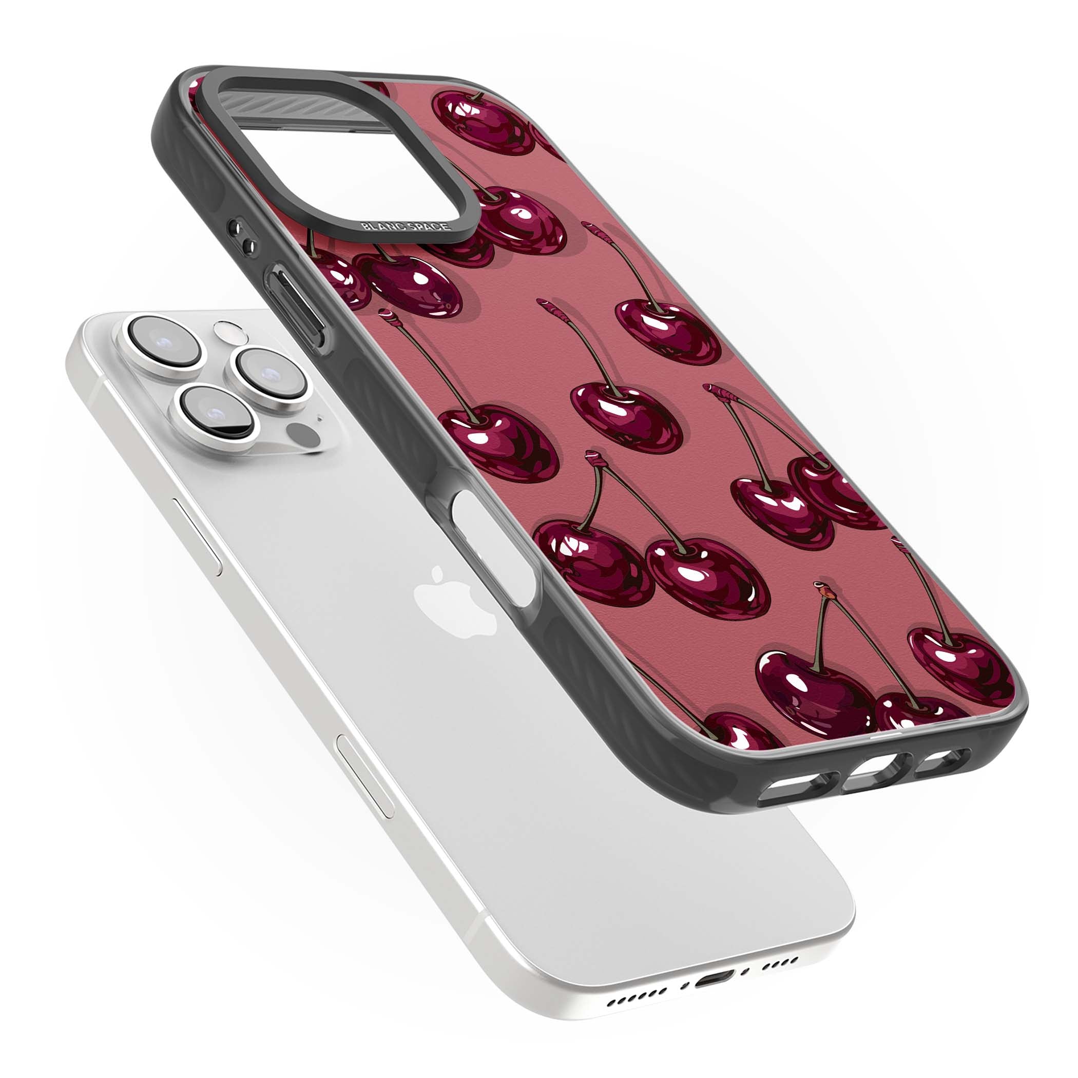 Cherry Rebel coquette iPhone case featuring glossy burgundy cherries on a dusty rose background | Black Impact case for iPhone 16 Pro, iPhone 16 Pro Max