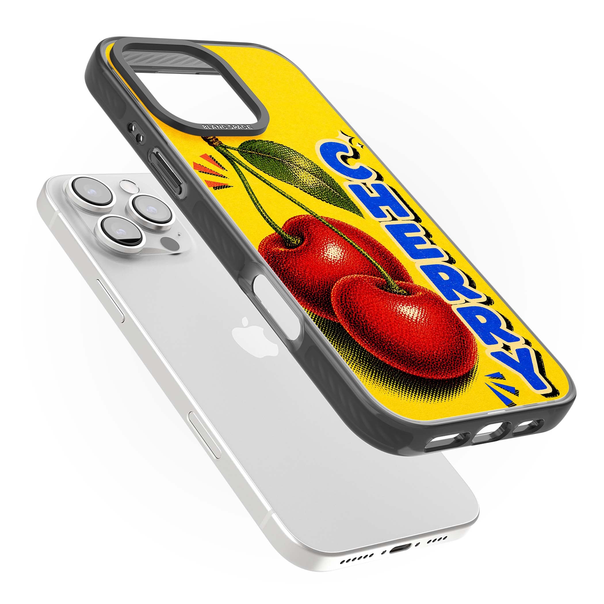 Cherry Yellow y2k iPhone case featuring two red cherries, halftone shading and bold blue CHERRY lettering on yellow | Black Impact case for iPhone 16 Pro, iPhone 16 Pro Max