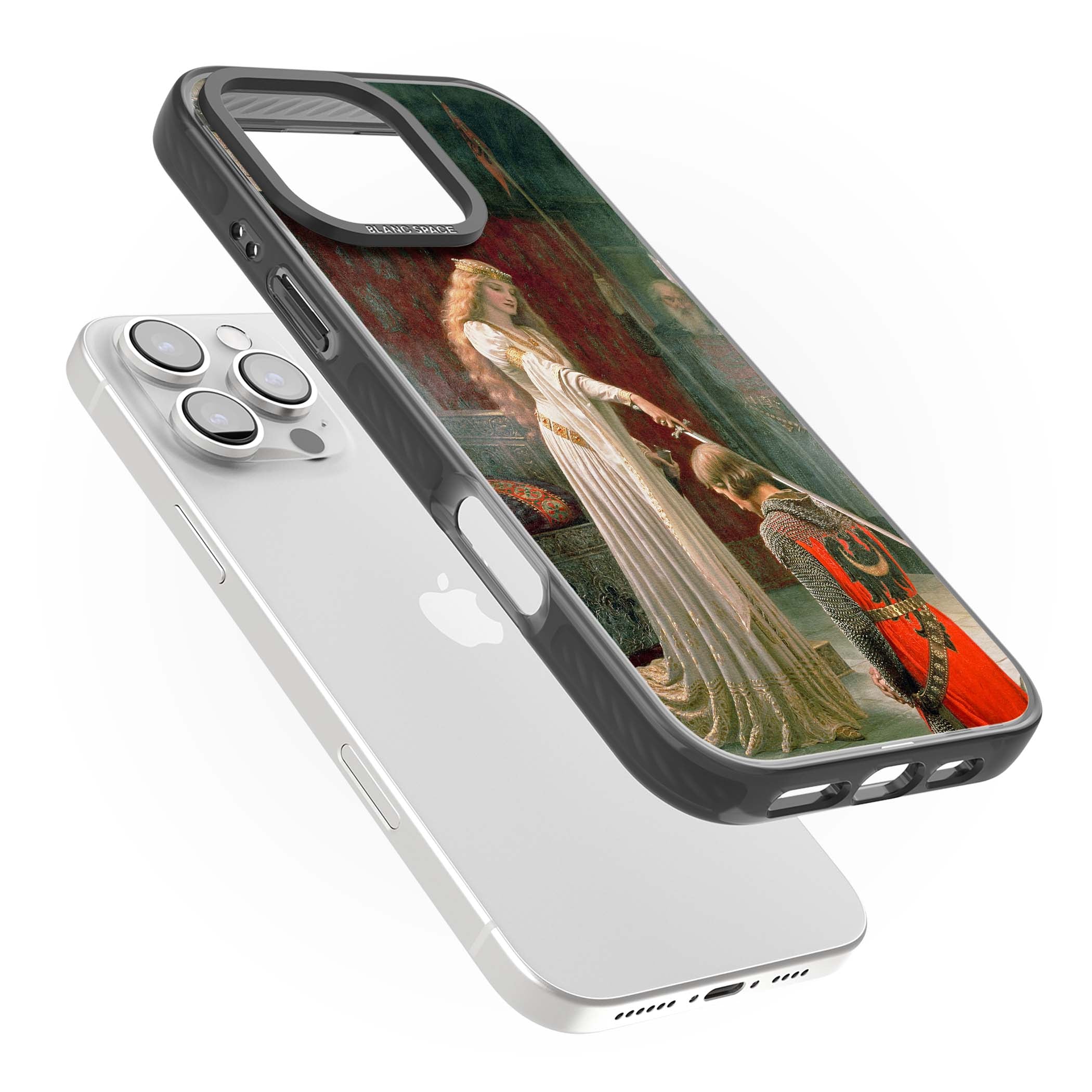 The Accolade renaissance art iPhone case featuring Edmund Blair Leighton's painting of a queen knighting a kneeling knight | Black Impact case for iPhone 16 Pro, iPhone 16 Pro Max