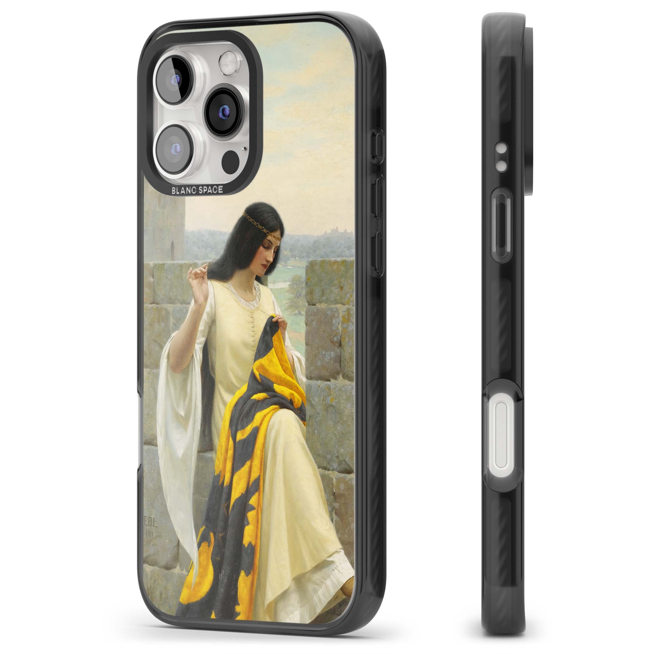 Stitching the Standard renaissance art iPhone case featuring a medieval lady sewing a golden banner on a castle wall | Black Impact case for iPhone 16 Pro, iPhone 16 Pro Max