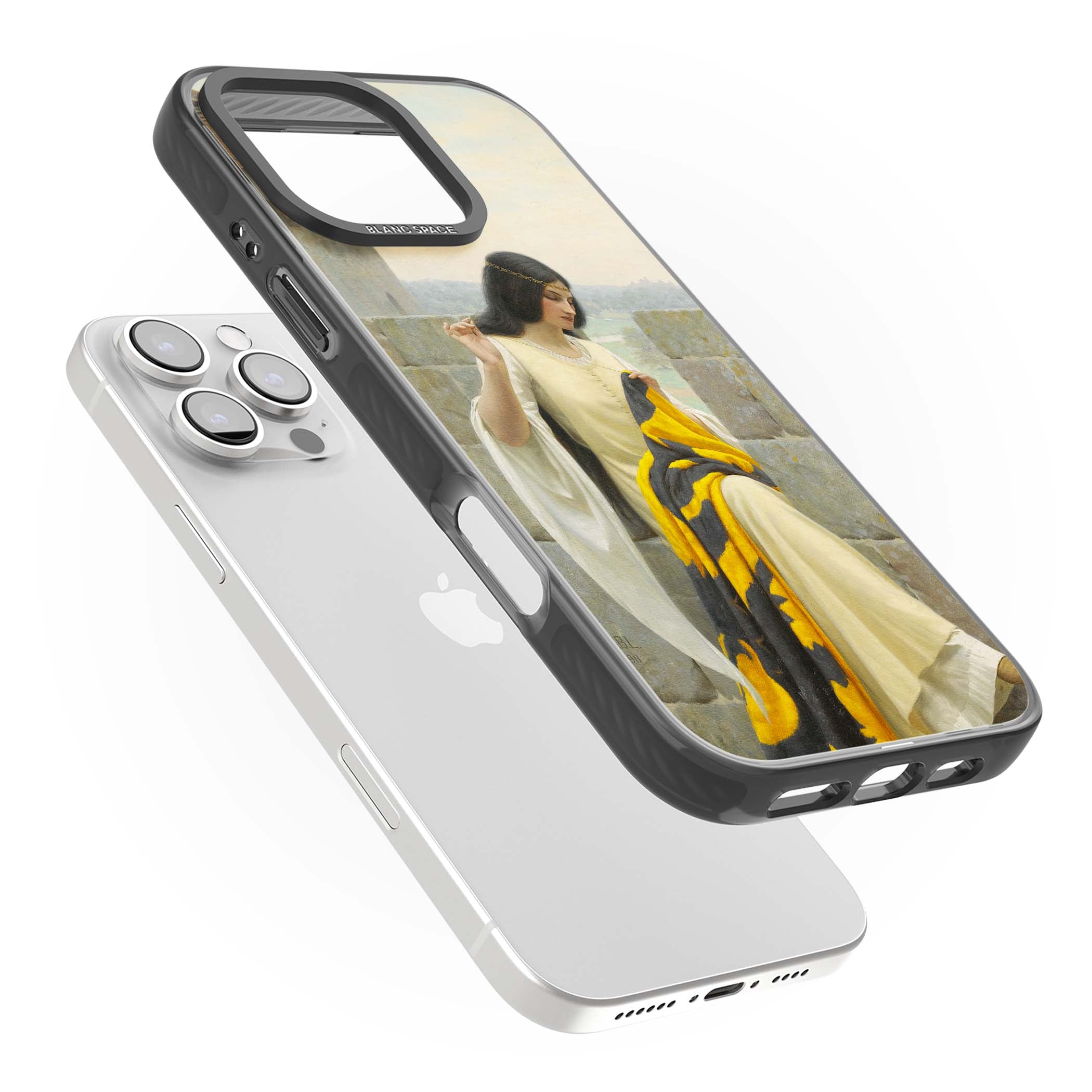 Stitching the Standard renaissance art iPhone case featuring a medieval lady sewing a golden banner on a castle wall | Black Impact case for iPhone 16 Pro, iPhone 16 Pro Max