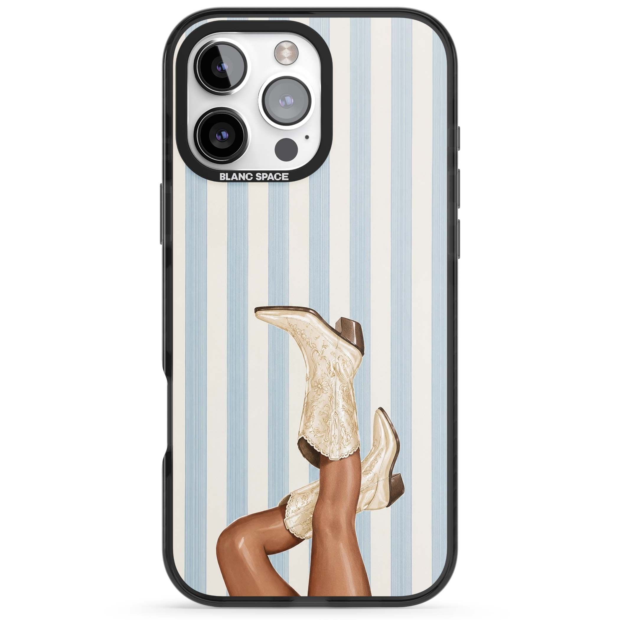 Cowgirl Boots coastal cowgirl iPhone case featuring embroidered western boots, tanned legs and a blue stripe backdrop | Black Impact case for iPhone 16 Pro, iPhone 16 Pro Max