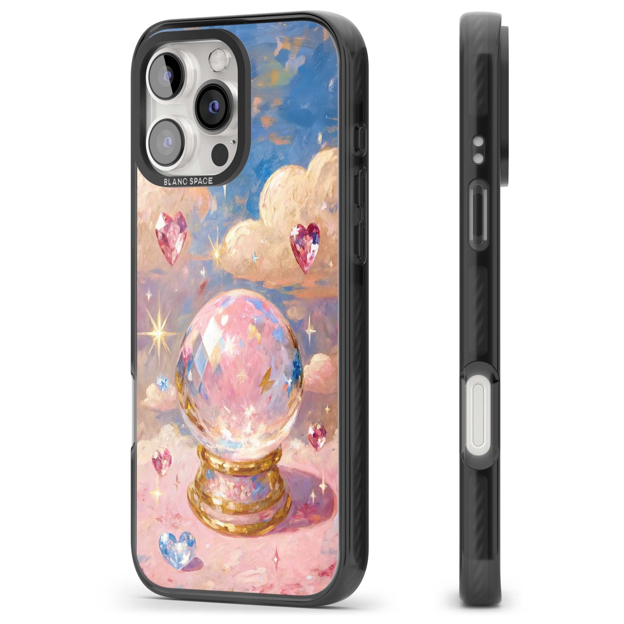 Crystal Ball fairycore iPhone case featuring a painted crystal ball, heart gemstones, and pastel clouds | Black Impact case for iPhone 16 Pro, iPhone 16 Pro Max