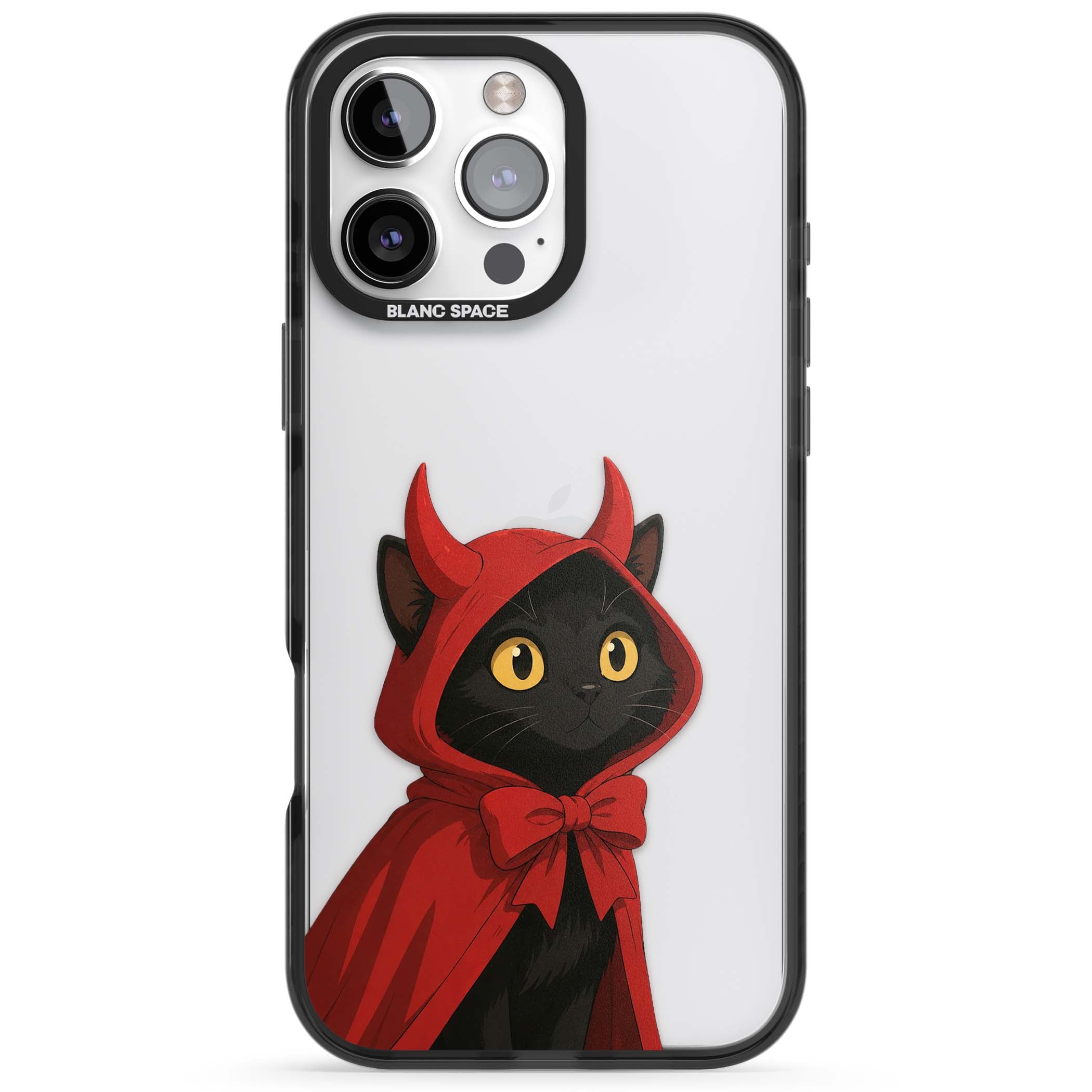 Little Devil halloween iPhone case featuring a black cat in a red hooded devil cloak with horns and golden eyes | Black Impact case for iPhone 16 Pro, iPhone 16 Pro Max