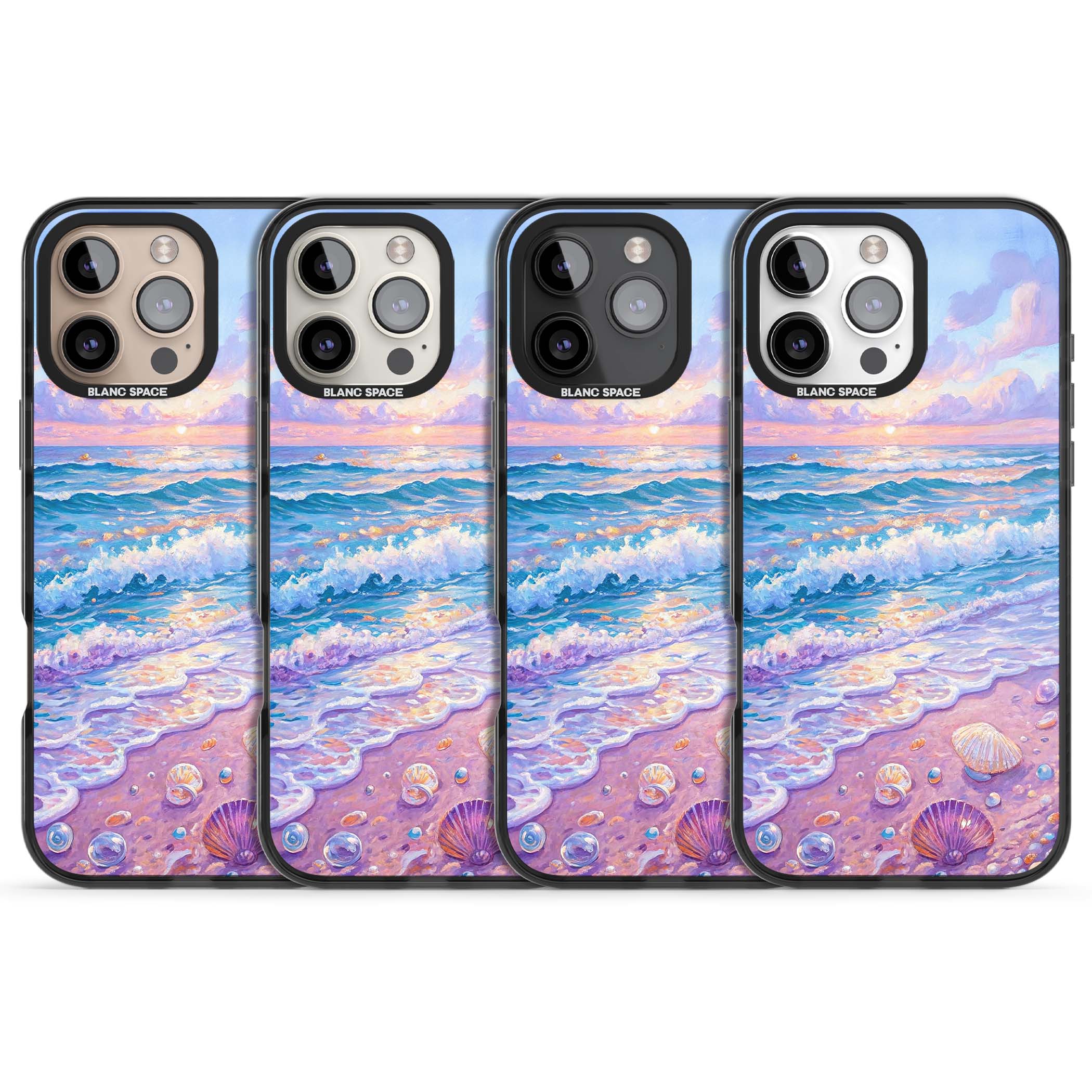 Pearl Shore coastal iPhone case featuring pastel painted waves, seashells, and a sunrise sky over a lavender beach. | Black Impact case for iPhone 16 Pro, iPhone 16 Pro Max