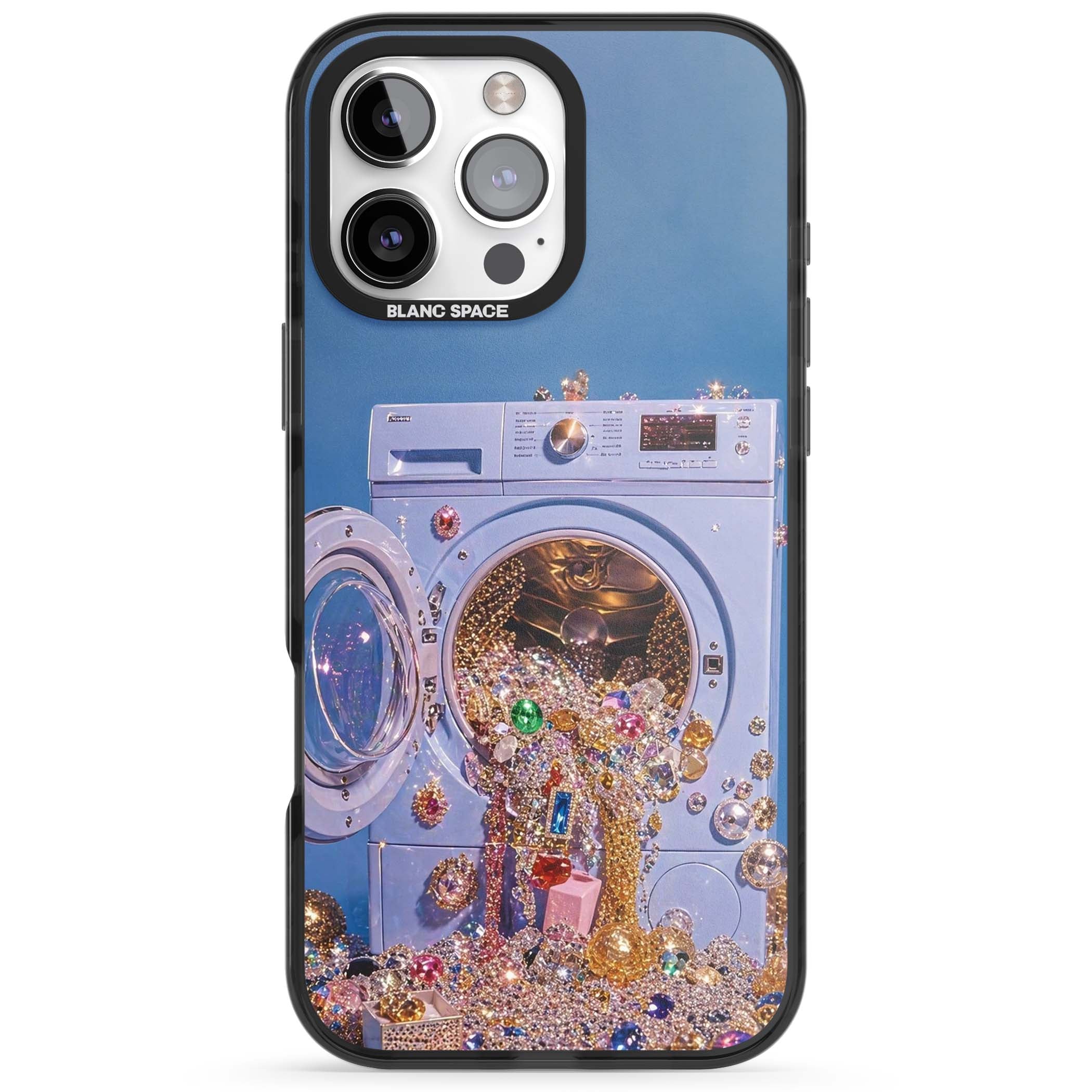 Gem Laundry baddie iPhone case featuring a surreal washing machine overflowing with colourful gemstones and crystals | Black Impact case for iPhone 16 Pro, iPhone 16 Pro Max