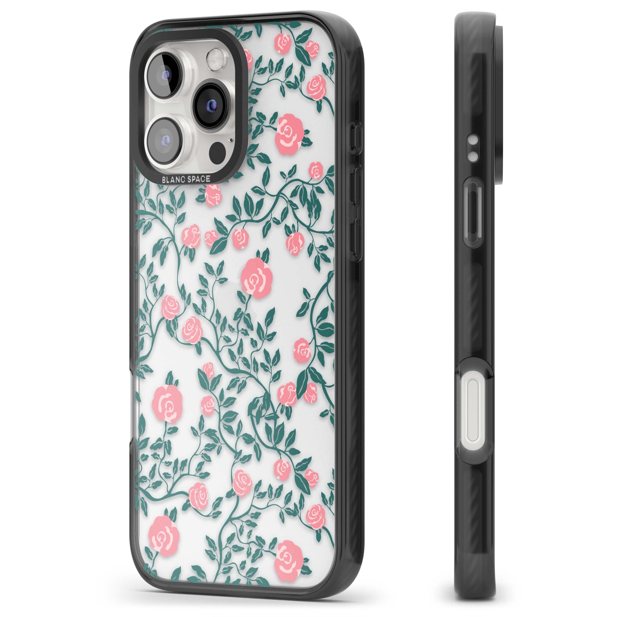 Rose Trellis (Clear) cottagecore iPhone case featuring pink climbing roses and green leaves on clear background | Black Impact case for iPhone 16 Pro, iPhone 16 Pro Max