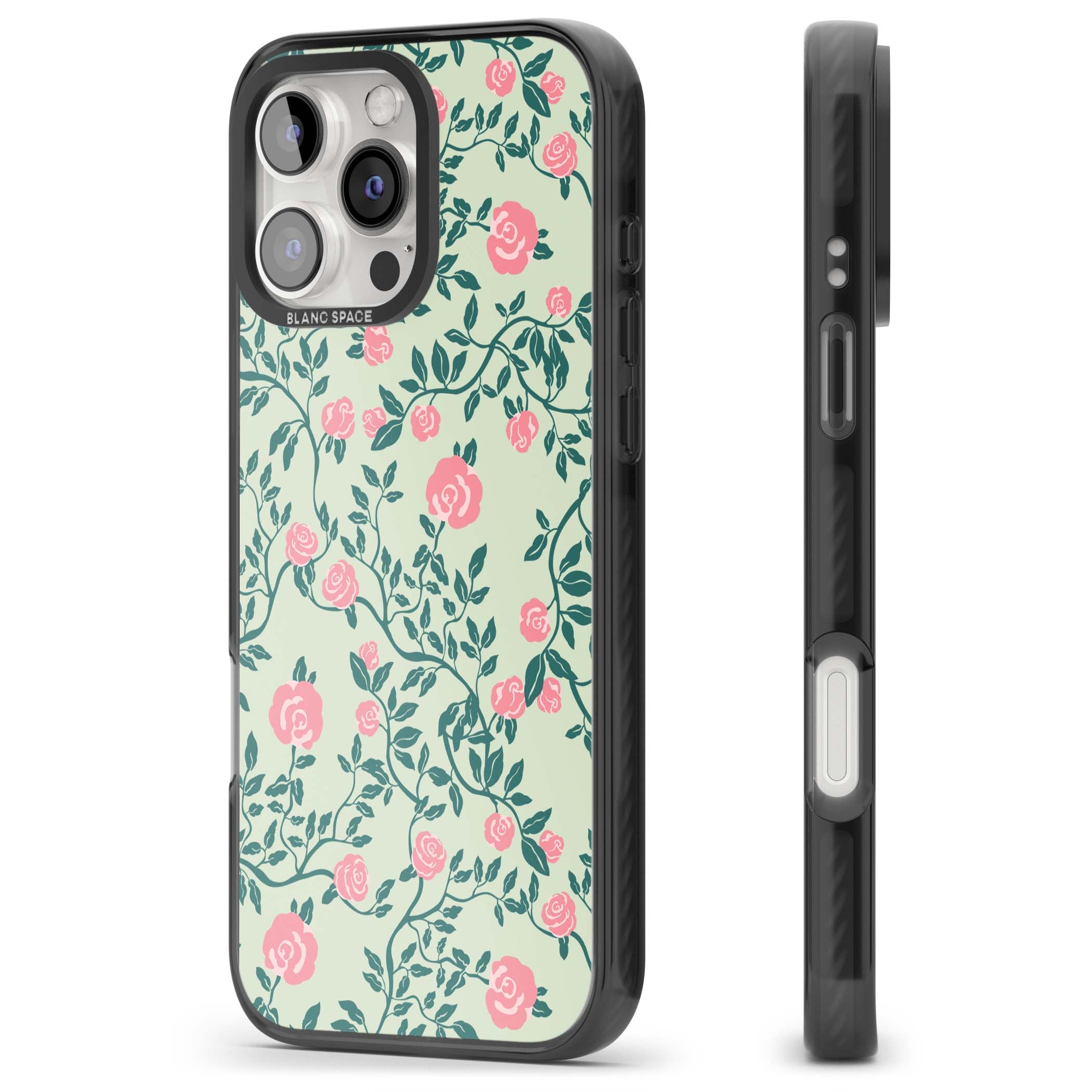 Rose Trellis cottagecore iPhone case featuring pink roses, sage green vines, and mint background | Black Impact case for iPhone 16 Pro, iPhone 16 Pro Max