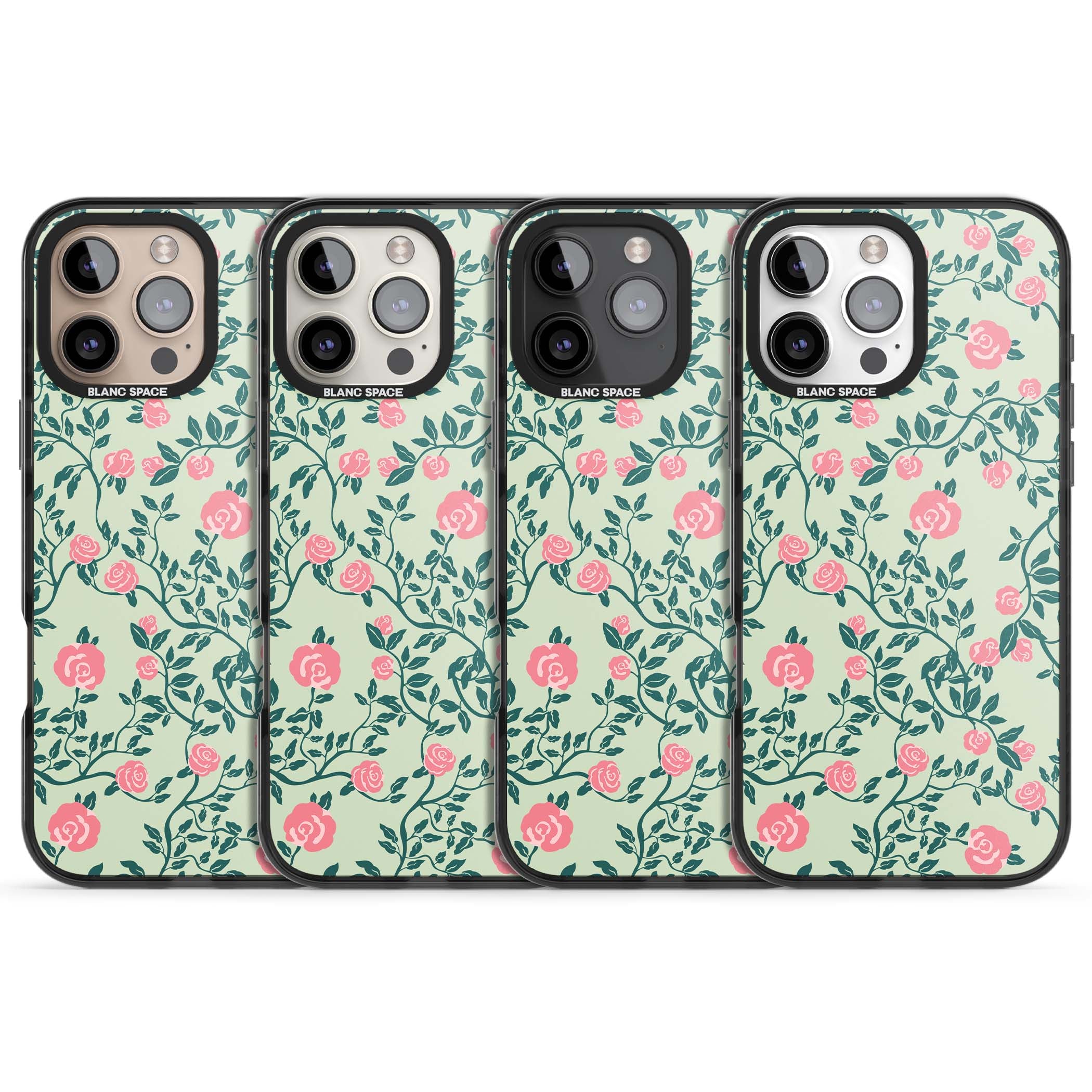 Rose Trellis cottagecore iPhone case featuring pink roses, sage green vines, and mint background | Black Impact case for iPhone 16 Pro, iPhone 16 Pro Max
