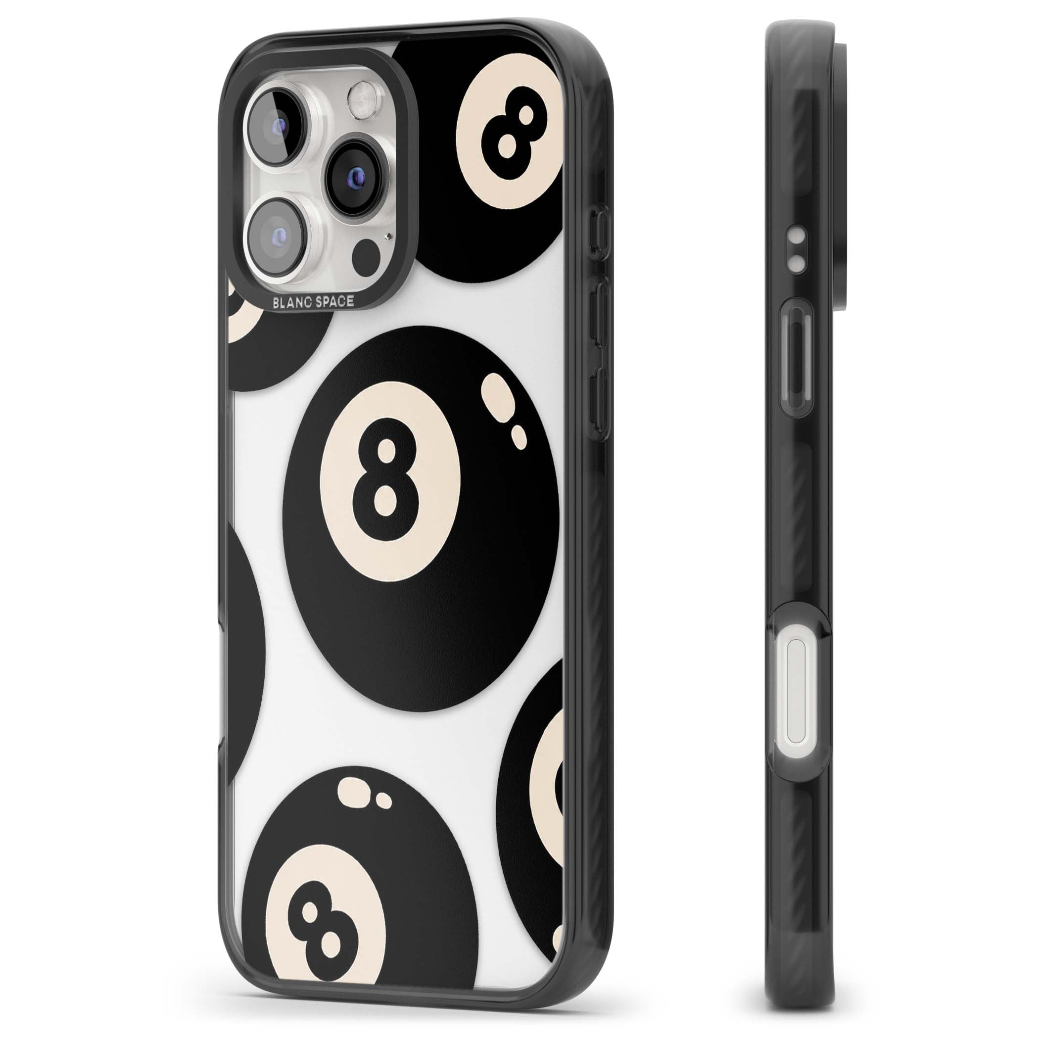 Eights y2k iPhone case featuring scattered black 8 balls with cream highlights on a clear background | Black Impact case for iPhone 16 Pro, iPhone 16 Pro Max