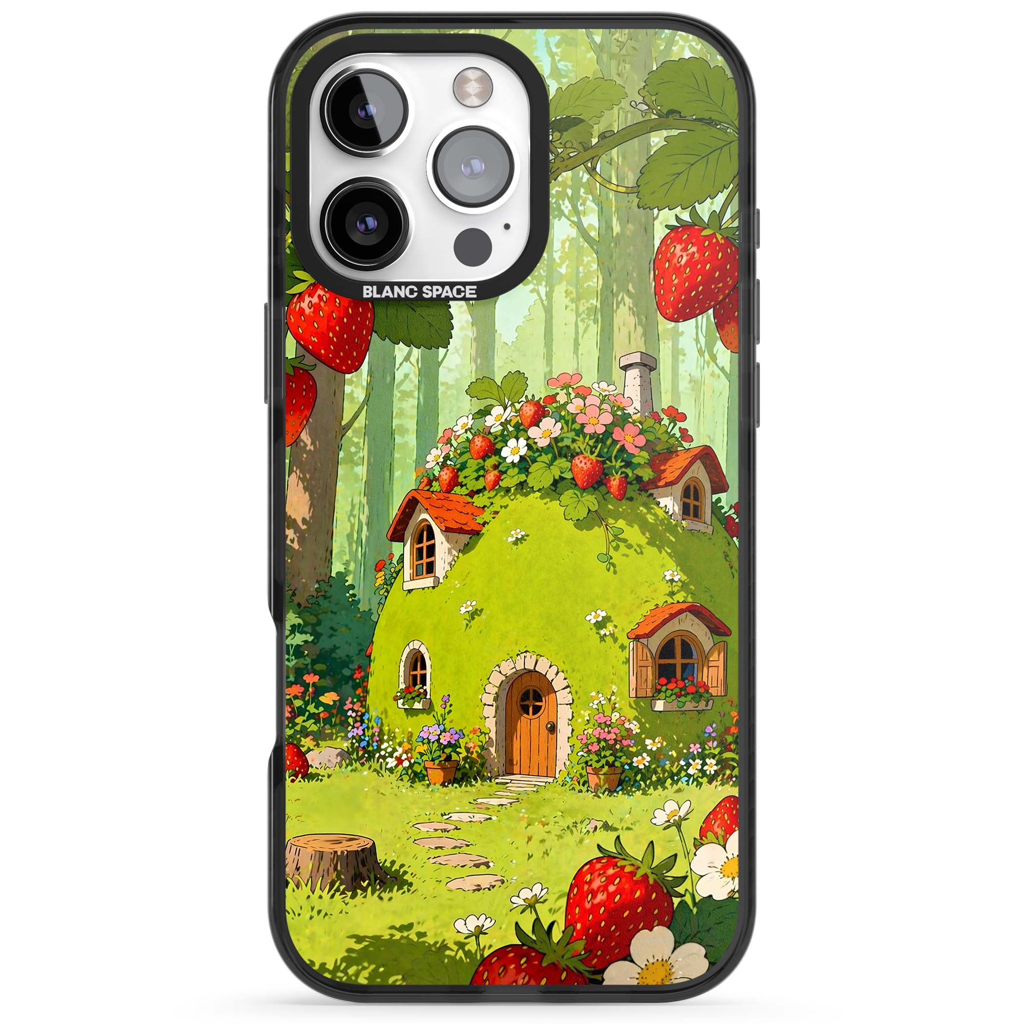 Strawberry Cottage cottagecore iPhone case featuring a green fairy house, wild strawberries and enchanted forest flowers | Black Impact case for iPhone 16 Pro, iPhone 16 Pro Max
