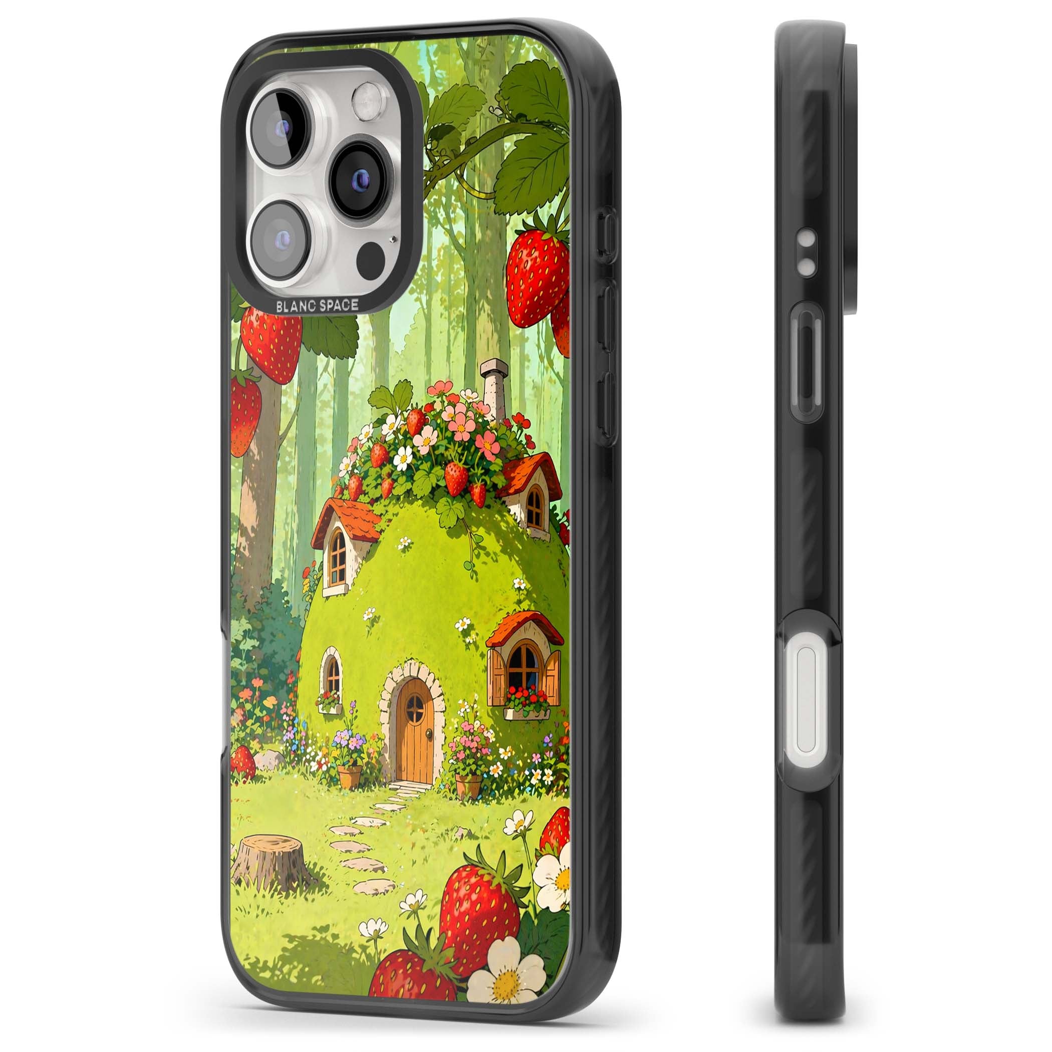 Strawberry Cottage cottagecore iPhone case featuring a green fairy house, wild strawberries and enchanted forest flowers | Black Impact case for iPhone 16 Pro, iPhone 16 Pro Max