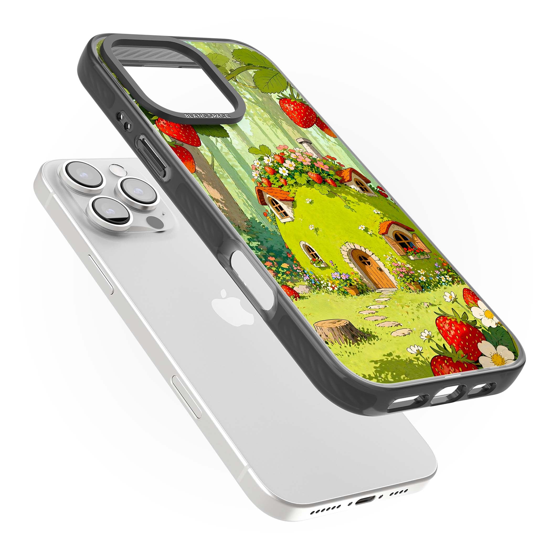 Strawberry Cottage cottagecore iPhone case featuring a green fairy house, wild strawberries and enchanted forest flowers | Black Impact case for iPhone 16 Pro, iPhone 16 Pro Max