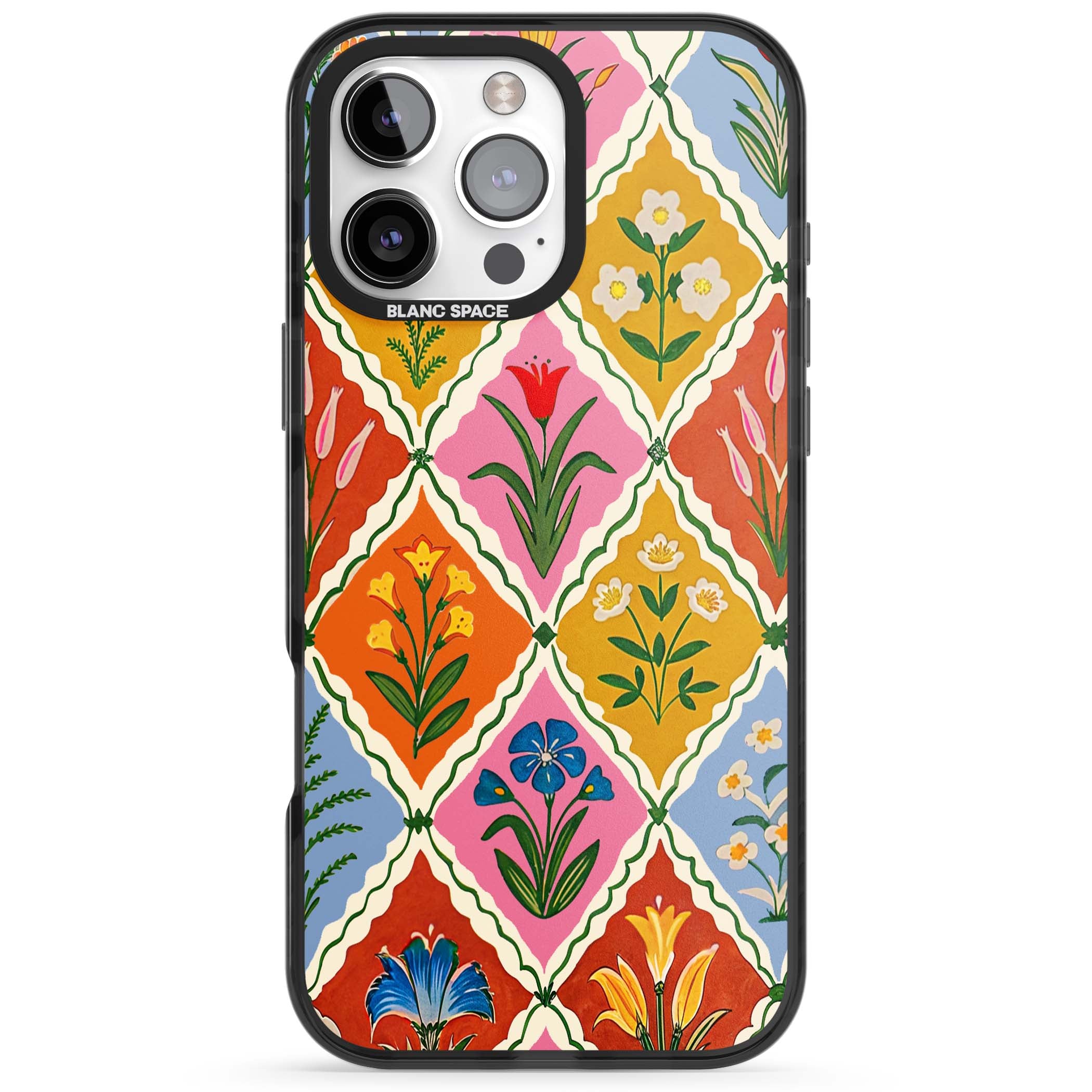 Floral Quilt boho floral iPhone case featuring diamond lattice pattern, hand-painted tulips and folk art wildflowers | Black Impact case for iPhone 16 Pro, iPhone 16 Pro Max